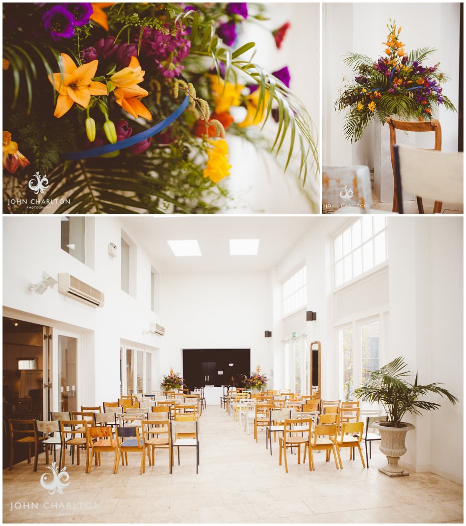 Bright event space at Fazeley Studios with floral decor, ideal for meetings and gatherings.