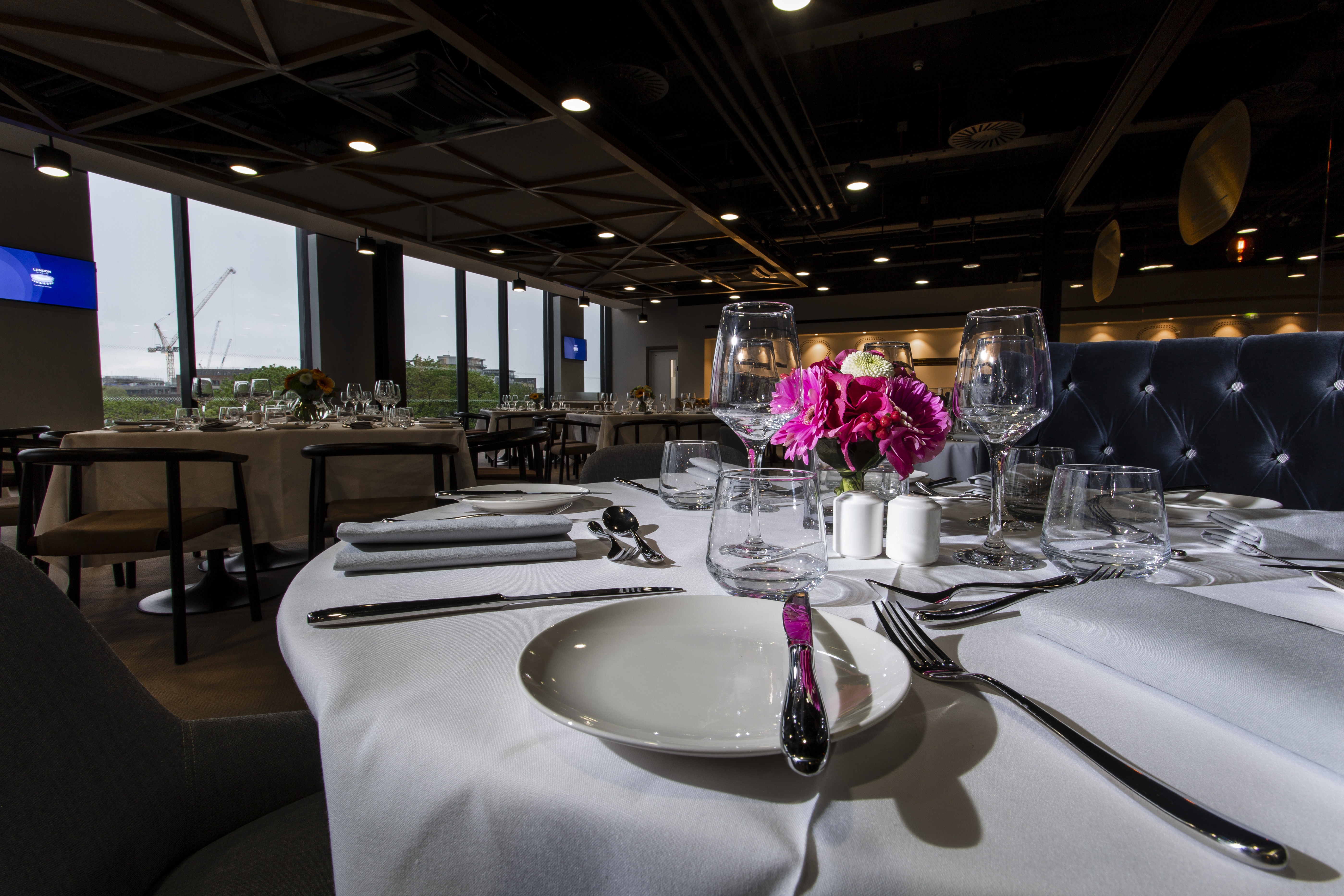 Elegant dining setup at The Forge, London Stadium for corporate events and upscale gatherings.