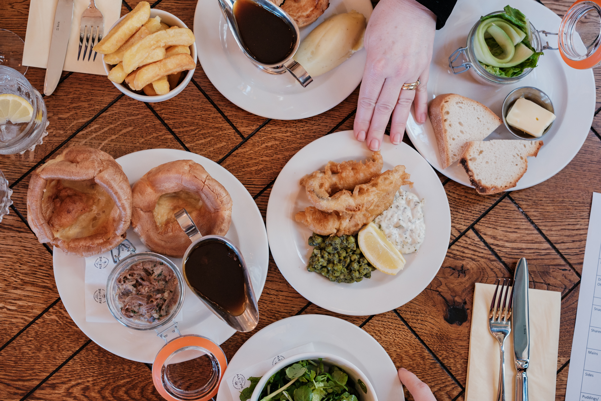 Corporate lunch setup at The Quarter Deck with fish and chips, ideal for networking events.