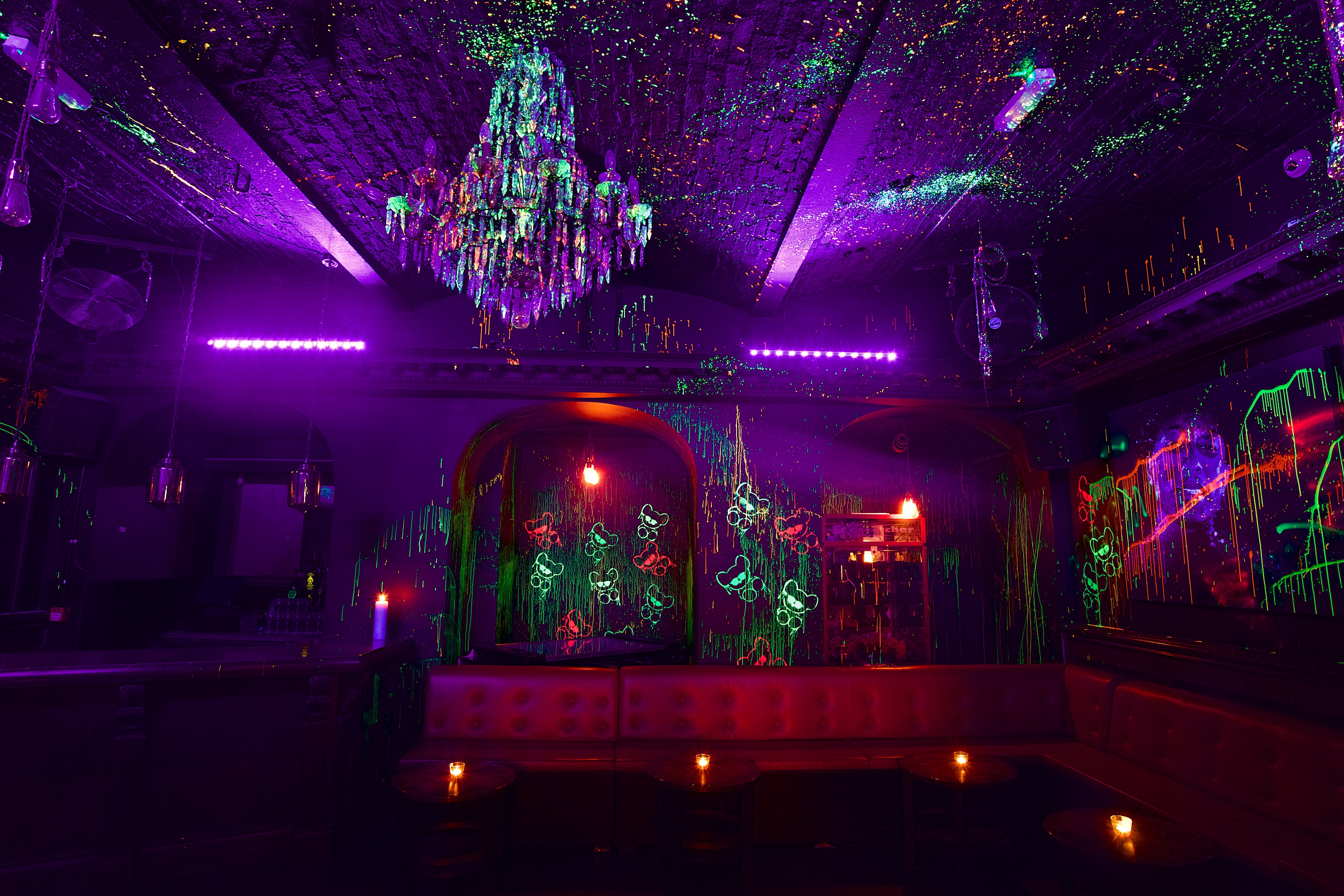 Vibrant 1942 toy room with neon colors, ideal for parties and themed events.