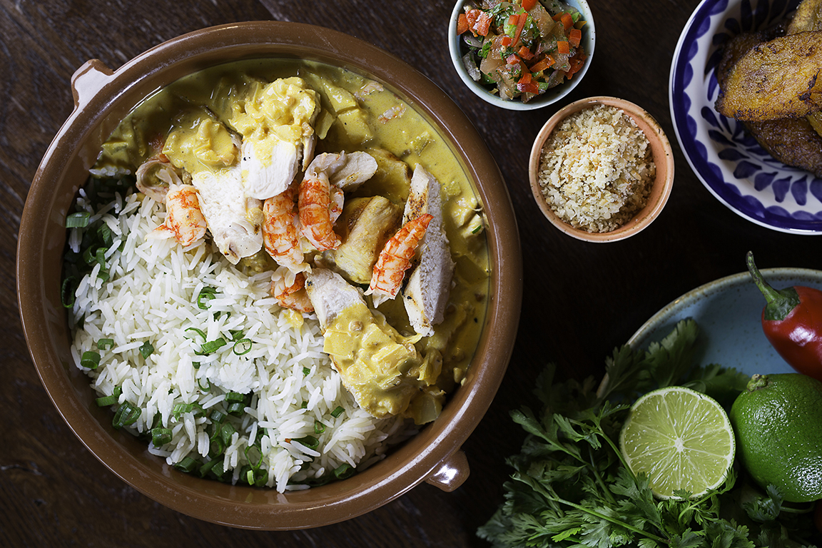 Vibrant rice, chicken, and shrimp dish at Las Iguanas Royal Festival Hall event catering.