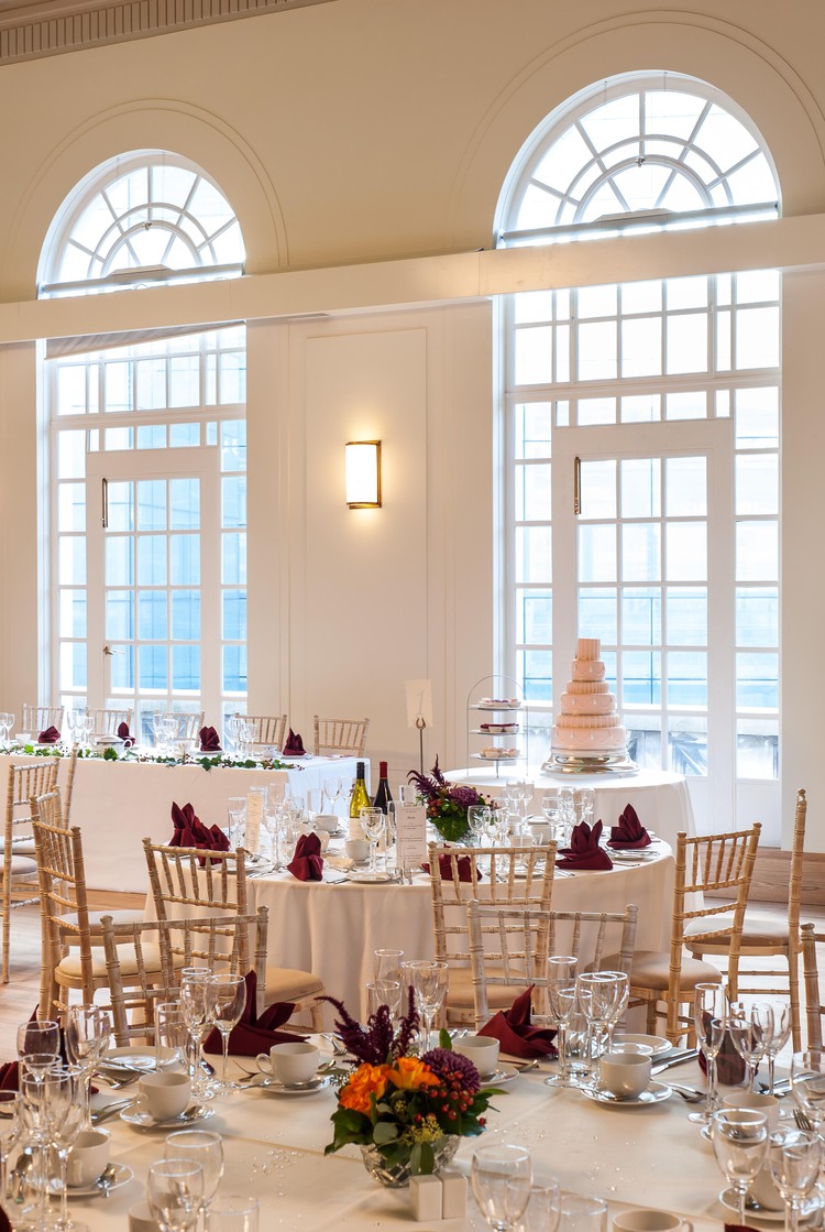 Elegant dining setup in Hackney Town Hall for weddings and upscale events.