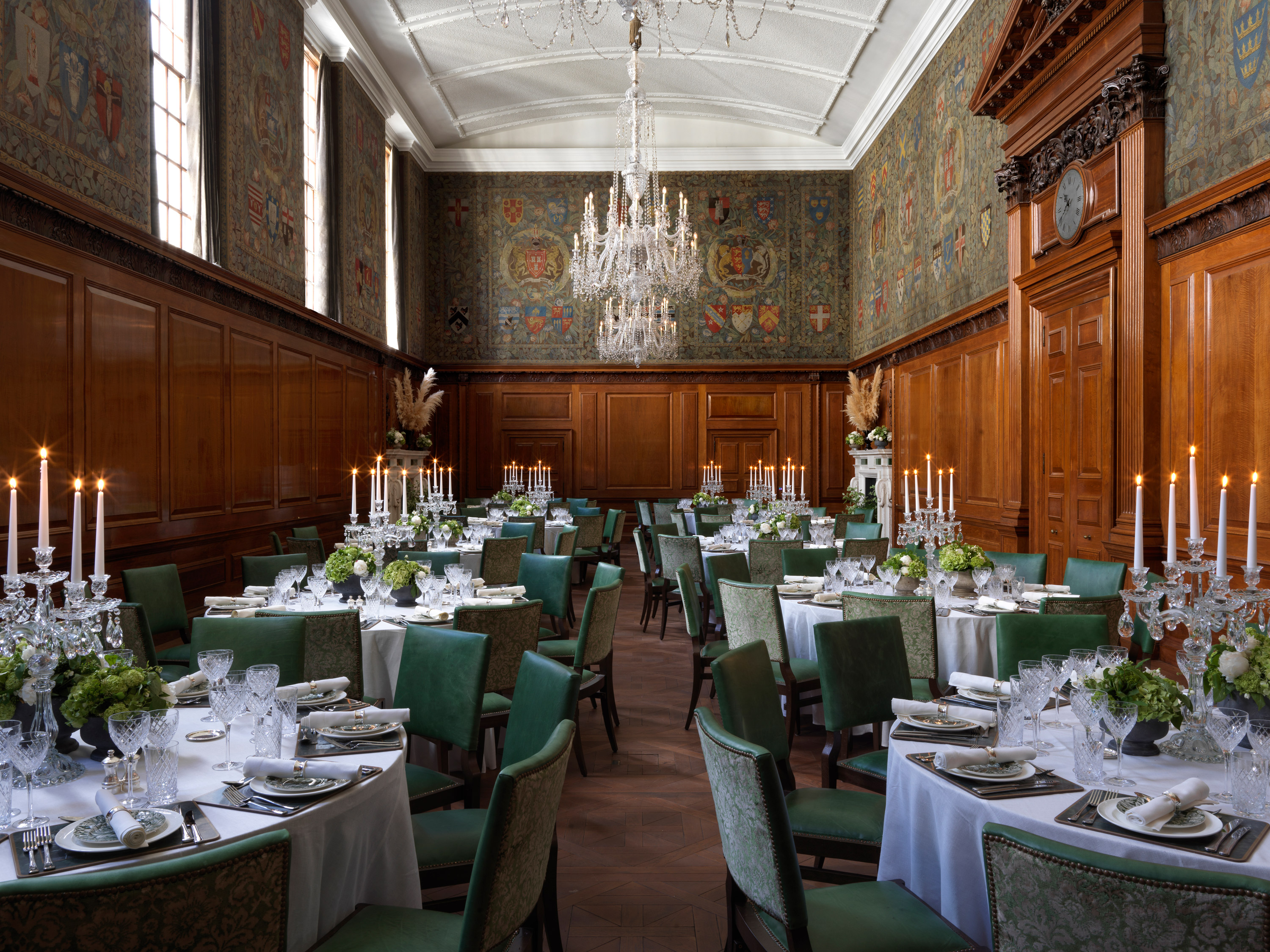 Elegant banquet hall with rich wood paneling, perfect for weddings and corporate events.