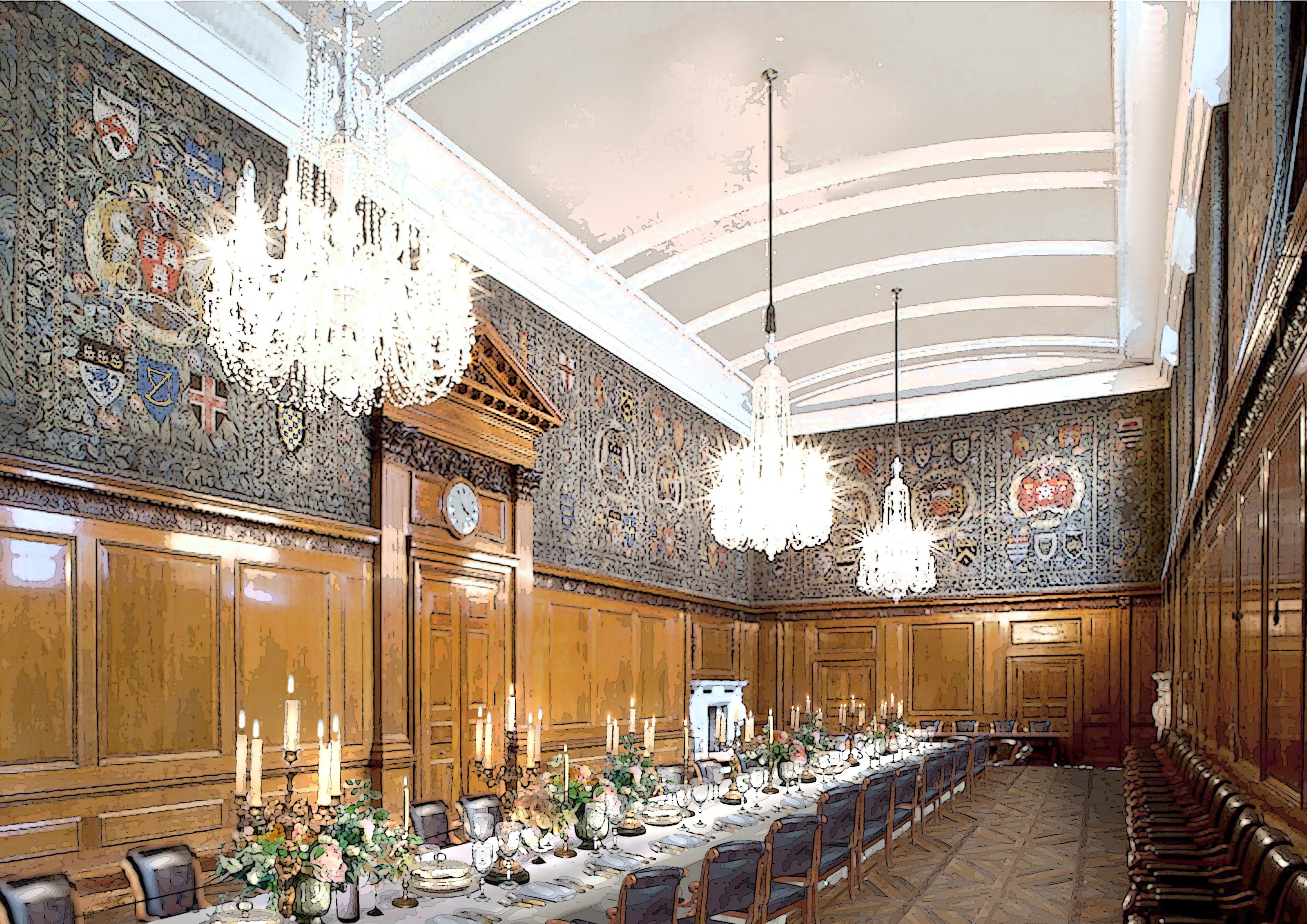Elegant banquet hall with wooden paneling, ideal for gala dinners and celebrations.