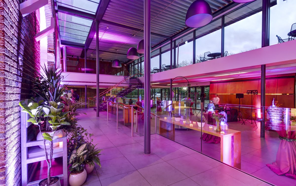 Modern event space at ZSL London Zoo with purple lighting, ideal for networking receptions.