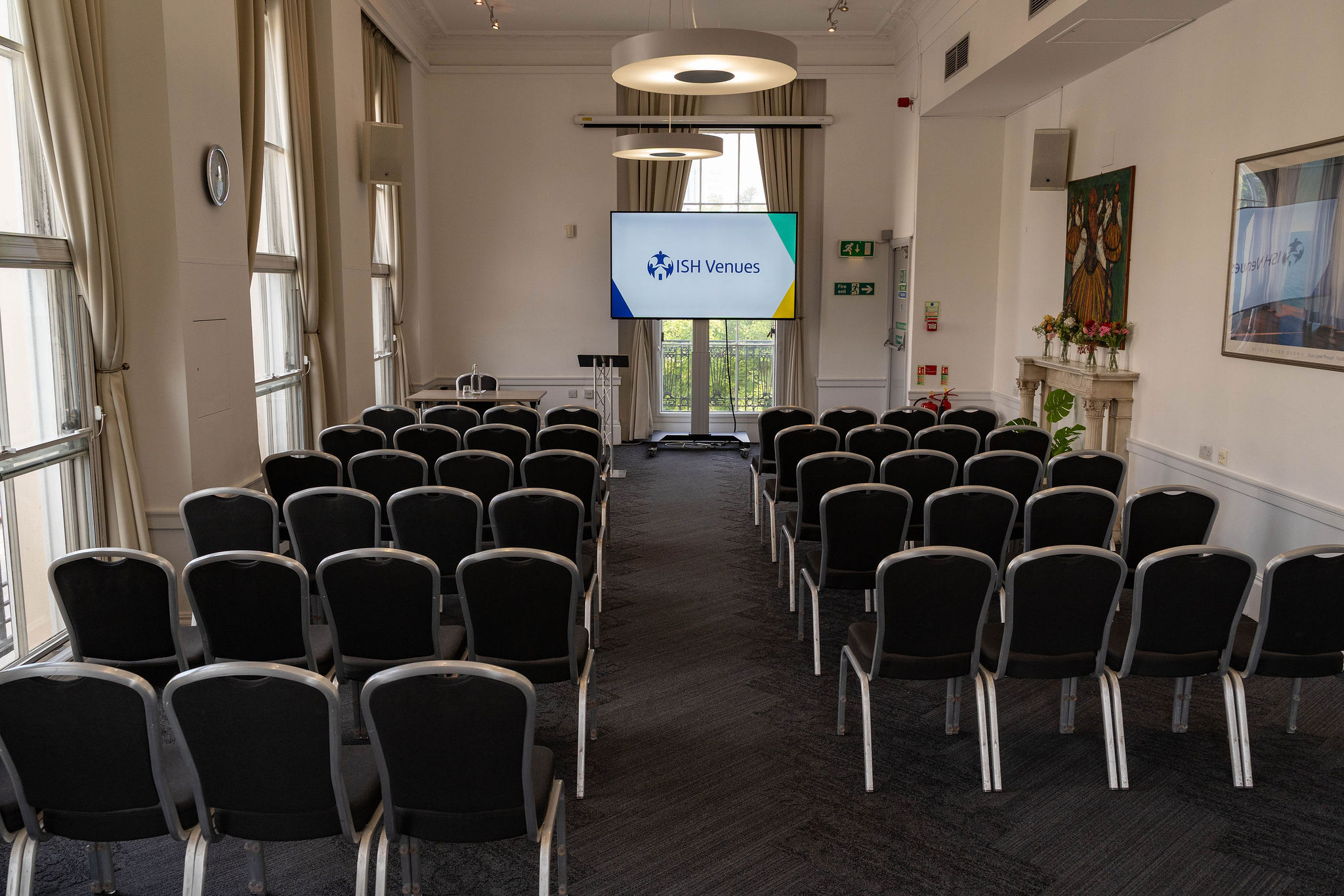 ISB Club Room tiered seating event screen