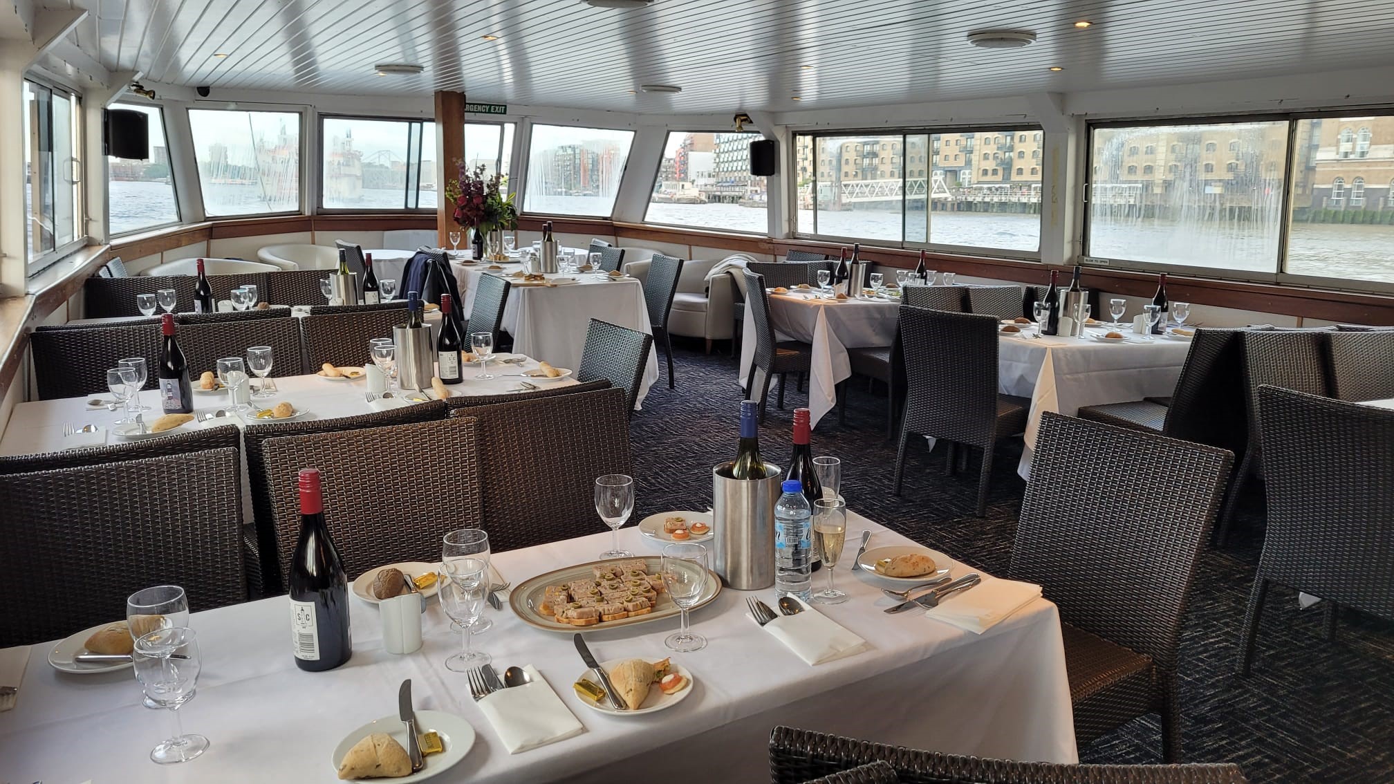 Elegant dining area on M.V. Westminster for corporate events and private gatherings.