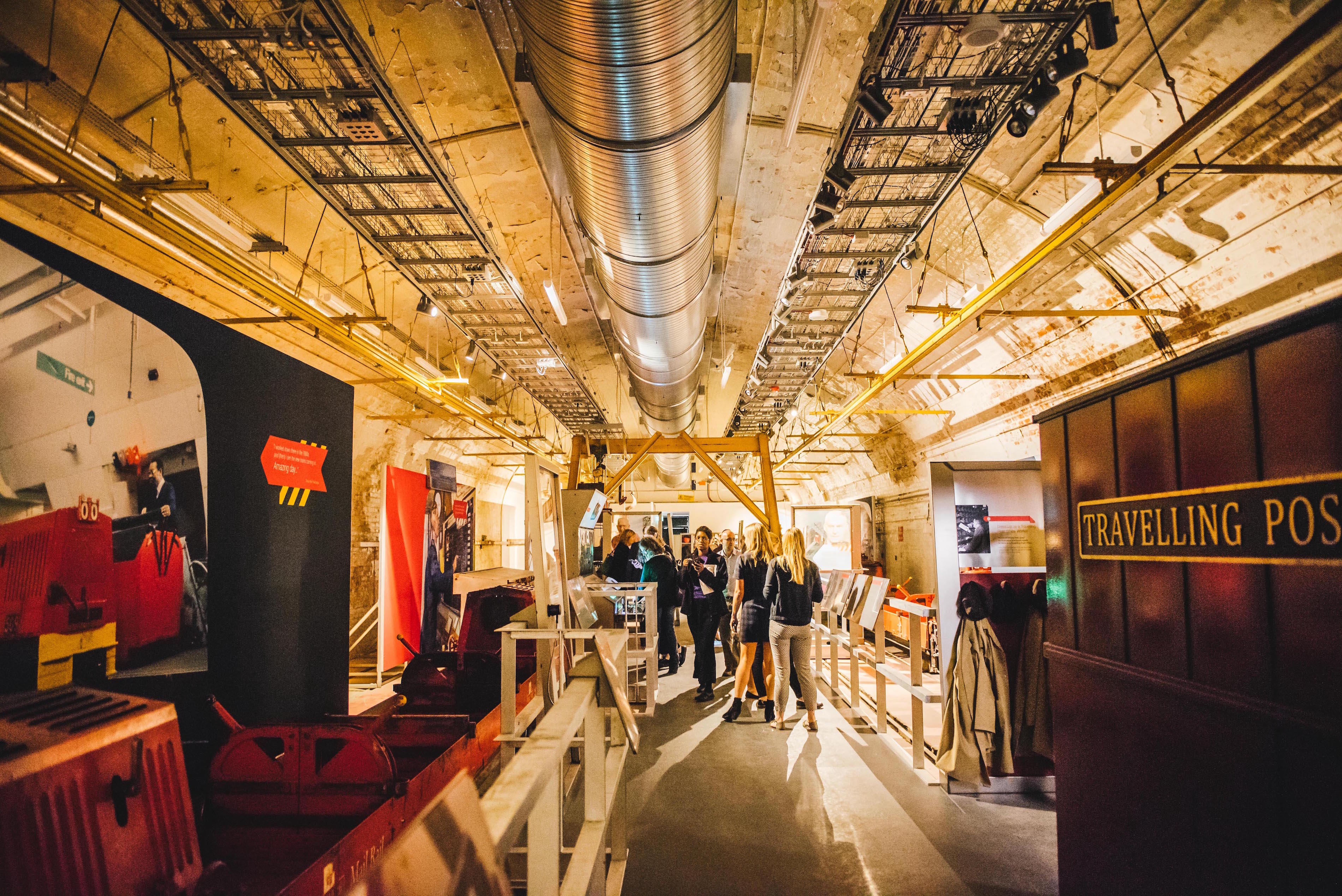 Mail Rail event space in The Postal Museum, featuring industrial decor for unique gatherings.