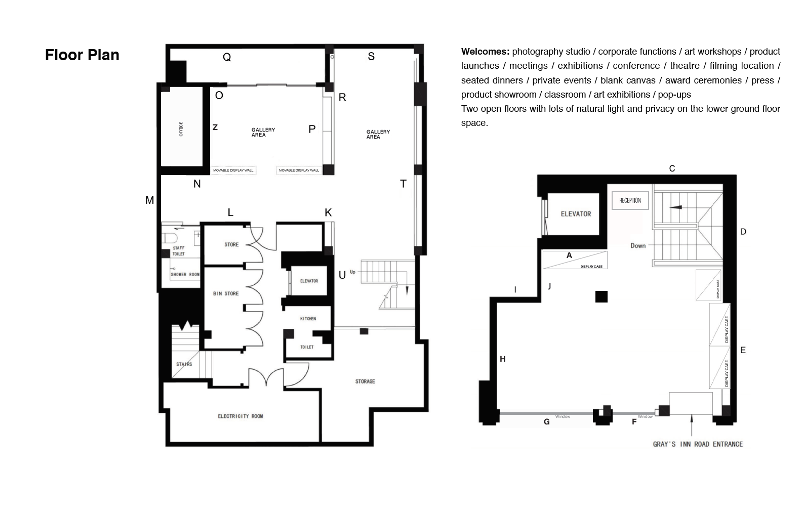 Versatile event space floor plan with natural light for workshops and corporate functions.