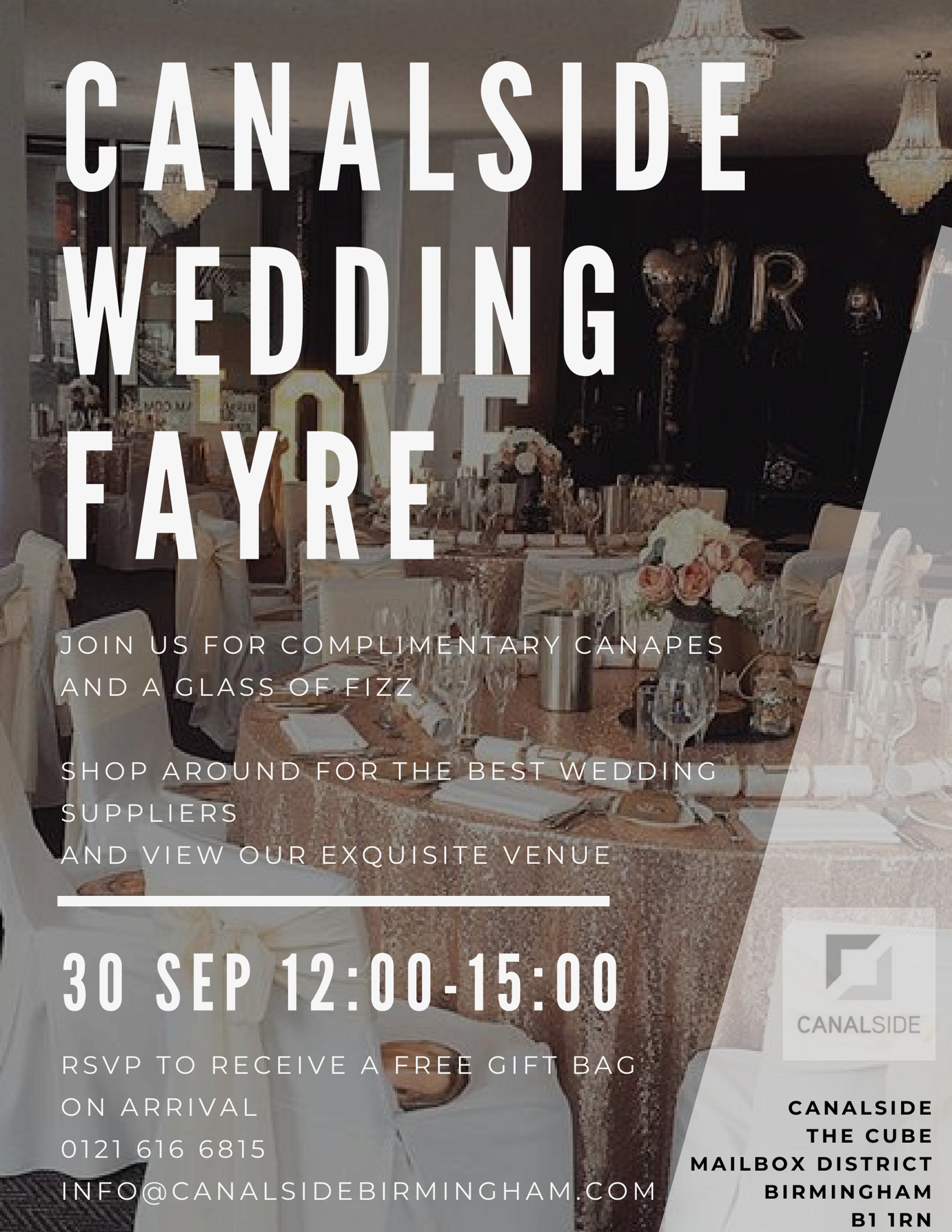 Elegant wedding fayre flyer at Canalside venue with complimentary canapés and drinks.