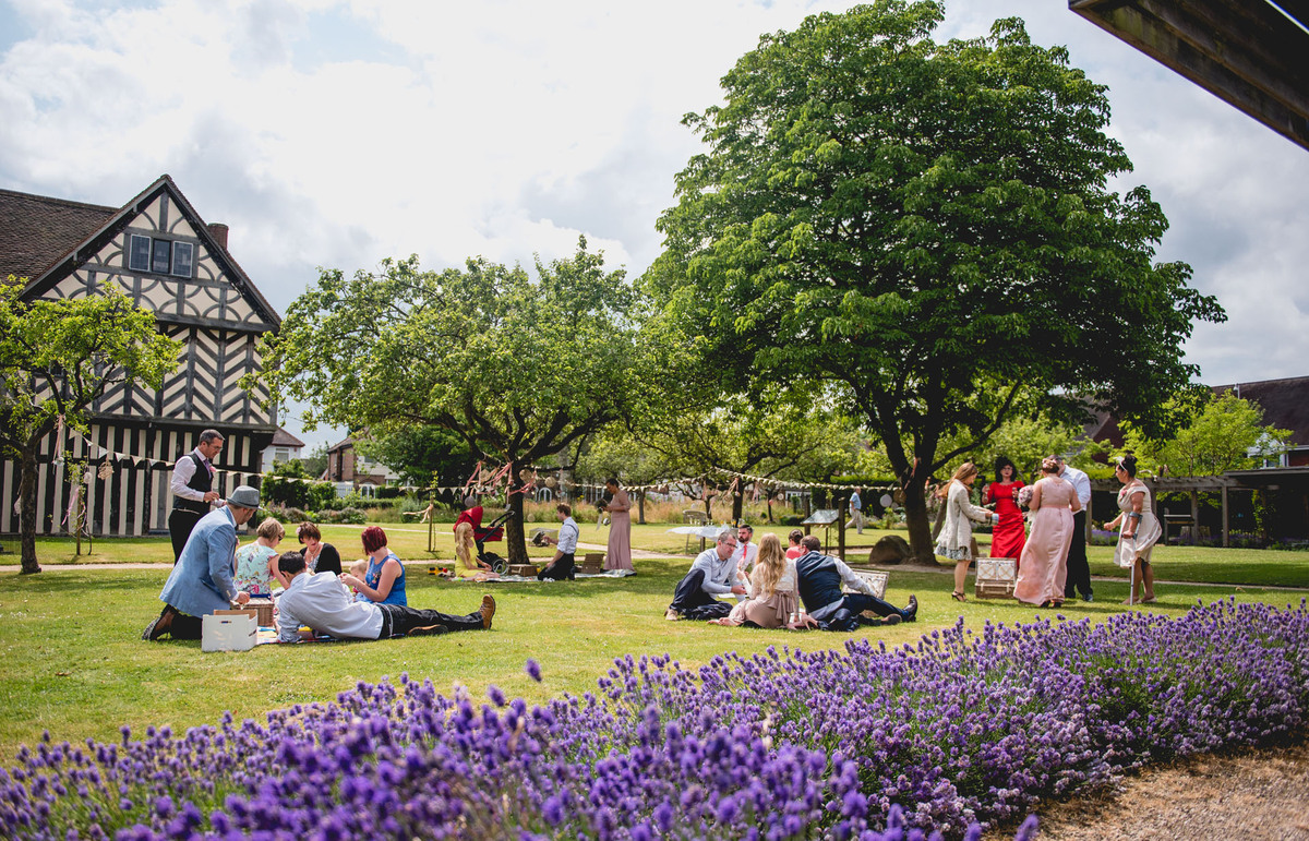 Great Hall at Blakesley Hall, lush greenery, ideal for weddings and garden parties.