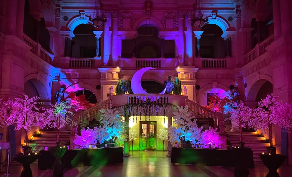 Winterstoke and Wills Hall, Bristol: grand staircase, vibrant decor for gala events.