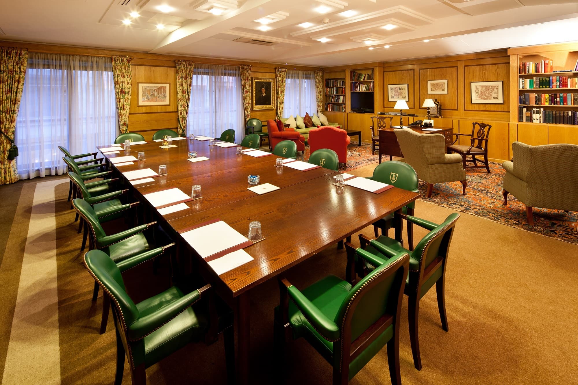 Library at Mercers' Hall with wood paneling for executive meetings and corporate boardroom events.