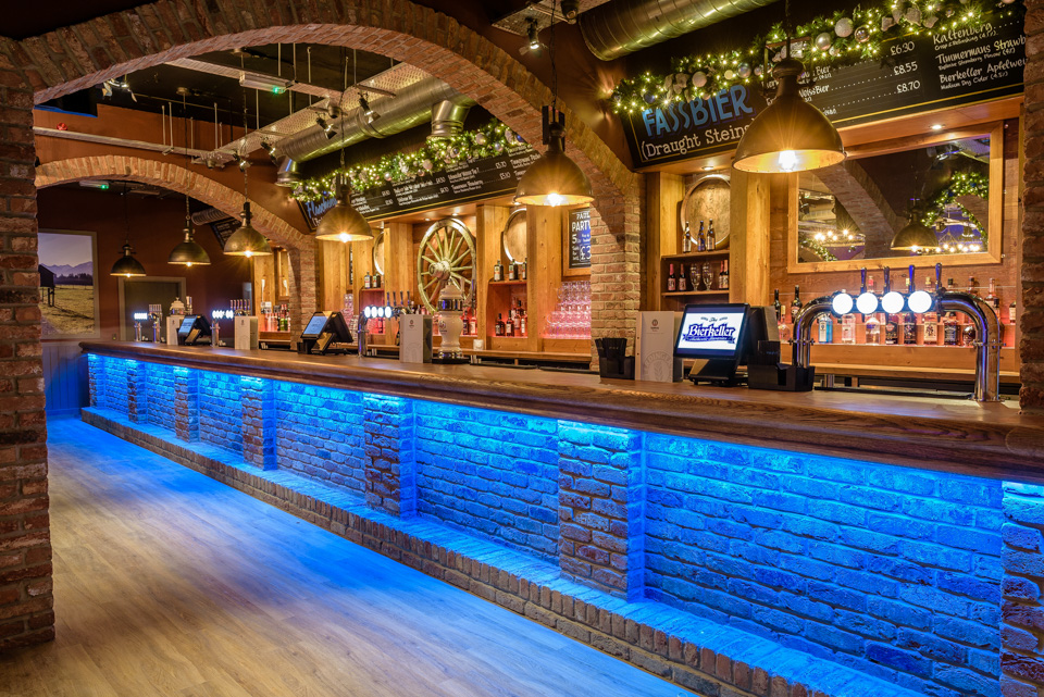 Bierkeller Bar with rustic design, ideal for networking events and social gatherings.