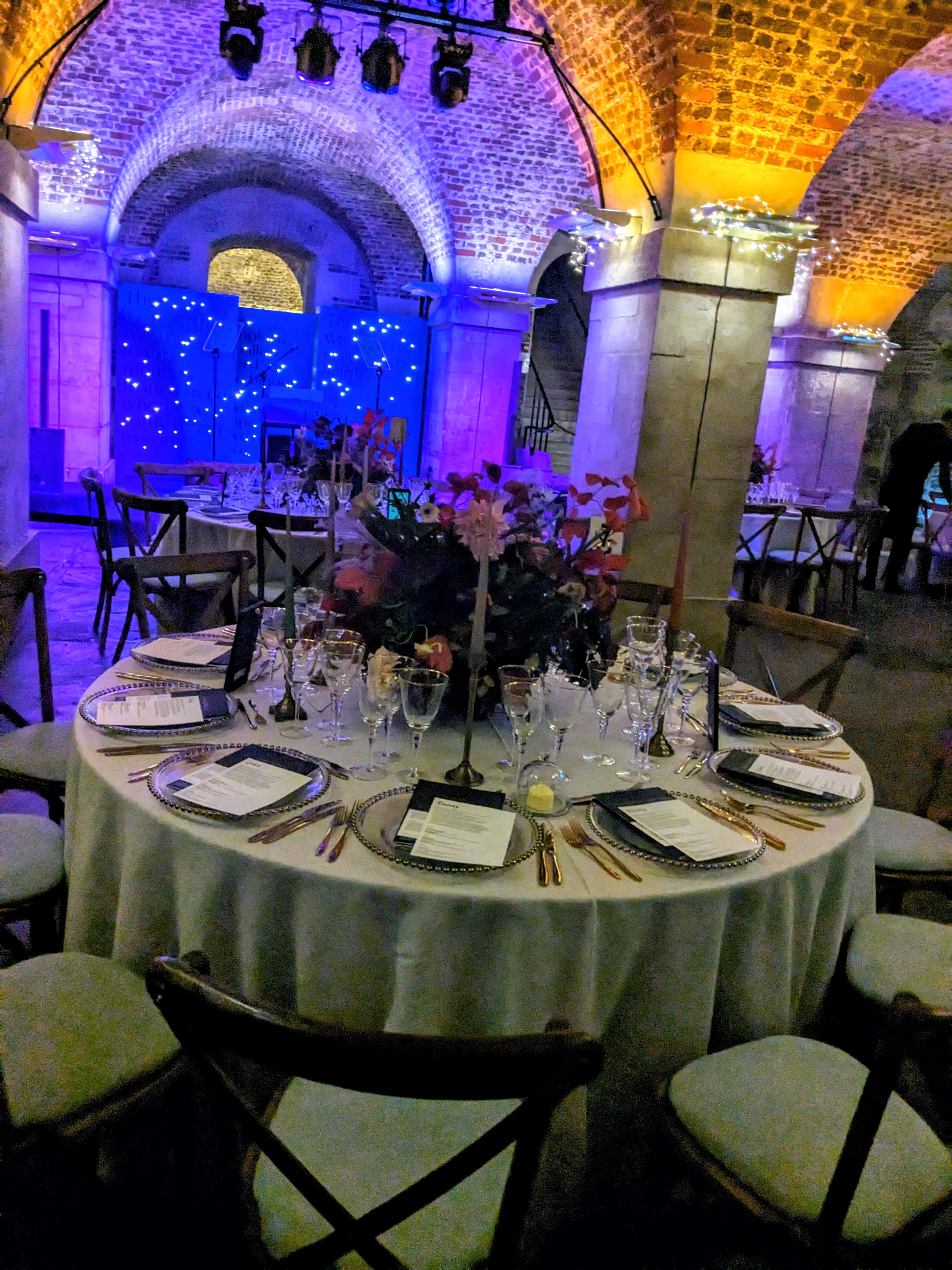 Elegant dining table setup in Crypt, St Martin-in-the-Fields for formal events.