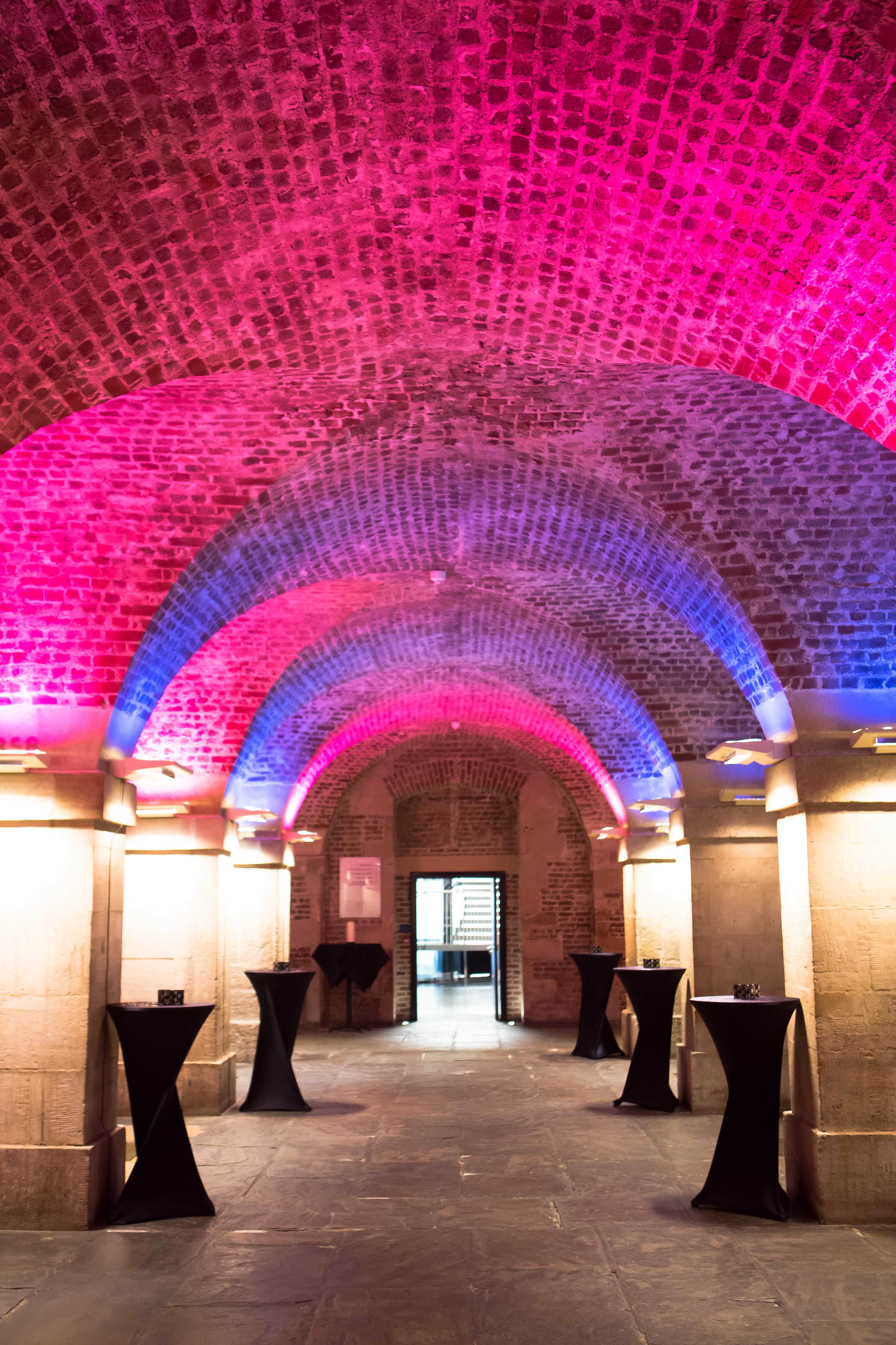 Crypt in St Martin-in-the-Fields with arched ceilings, ideal for events and celebrations.