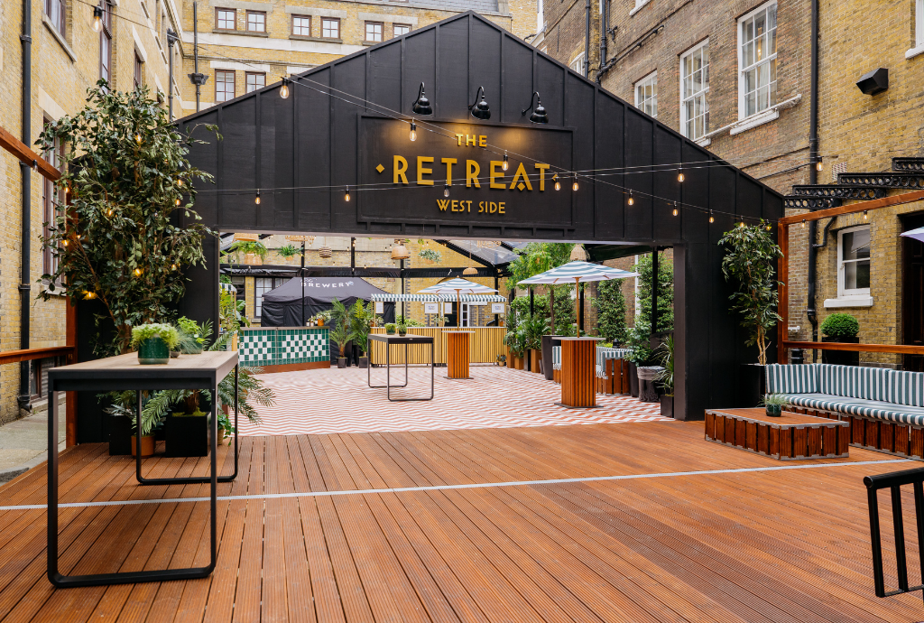 Outdoor event space at The Brewery with wooden decking for summer parties and receptions.