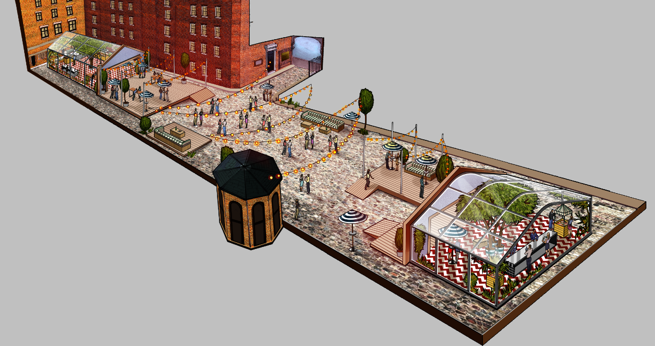 Vibrant outdoor summer party at The Brewery with seating and greenery for networking.