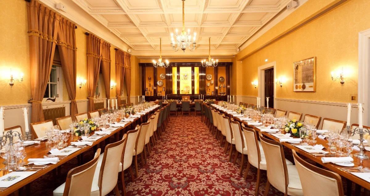 Elegant banquet room at Pewterers' Hall, ideal for corporate dinners and celebrations.