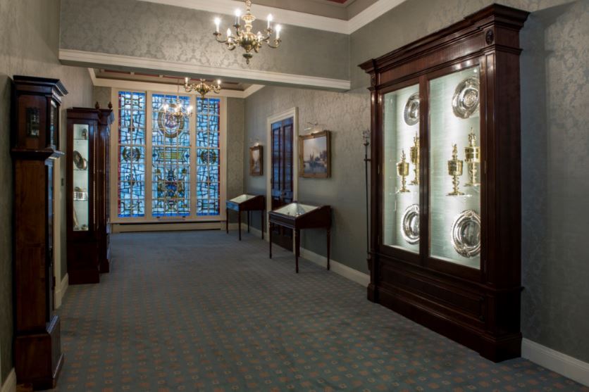Elegant Court Room at Pewterers' Hall with stained glass, perfect for upscale receptions.