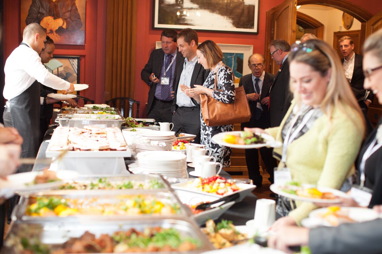 Buffet setup in Painters' Hall for a professional networking event.