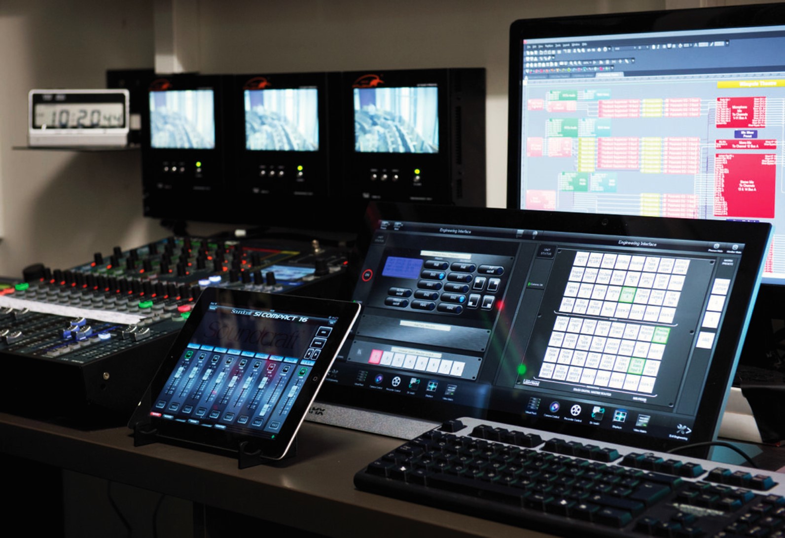 Naim Dangoor Auditorium control room with monitors for live event audio-visual management.
