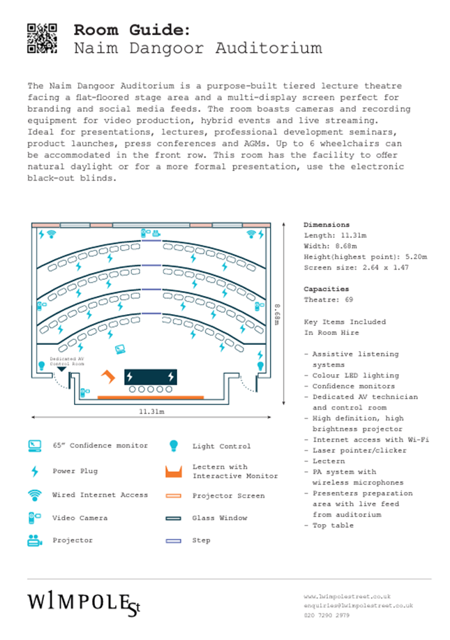 Naim Dangoor Auditorium floor plan with tiered seating for meetings and presentations.