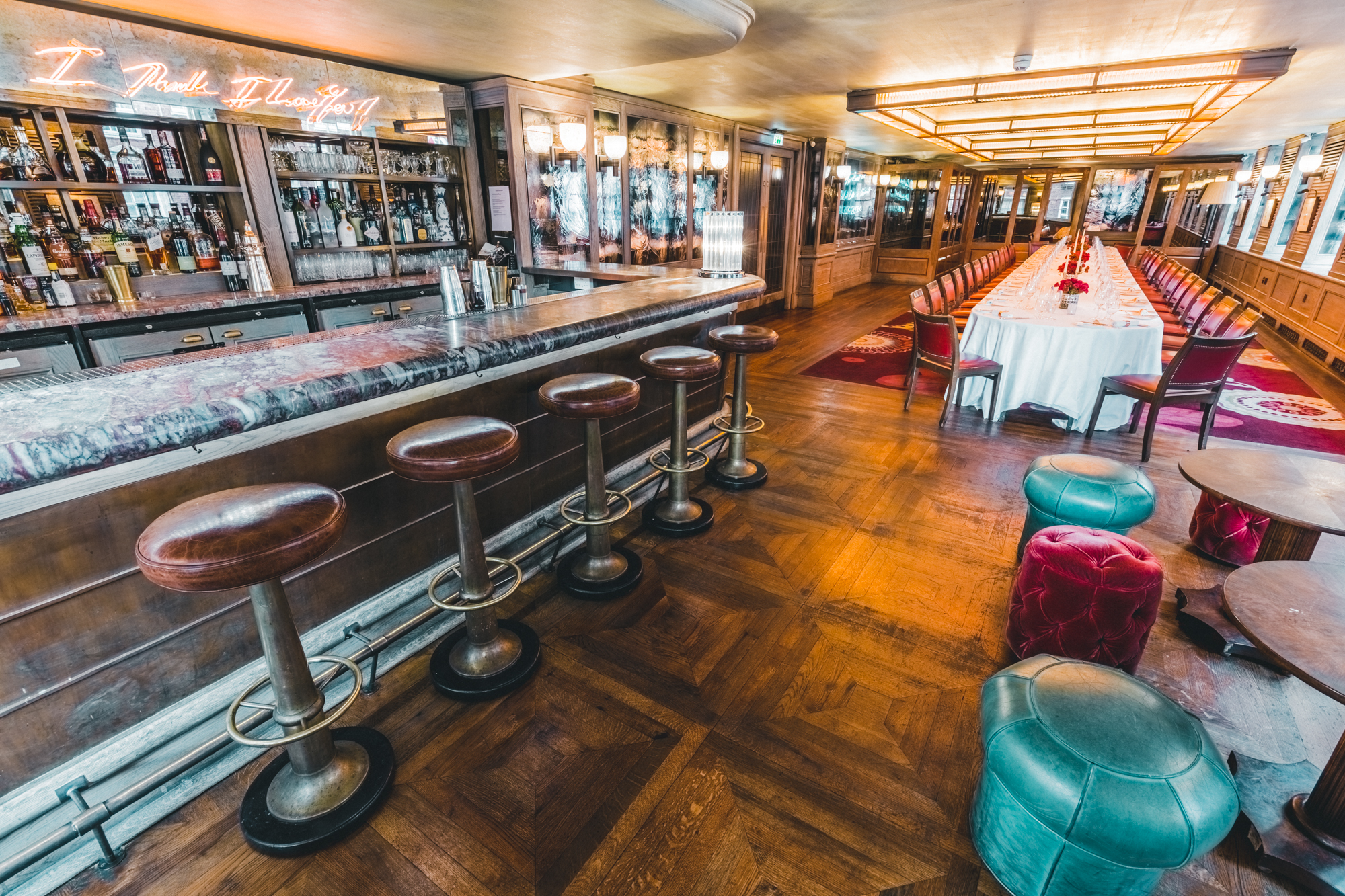 Stylish event space in The Emin Room, 34 Mayfair with elegant dining and bar area.