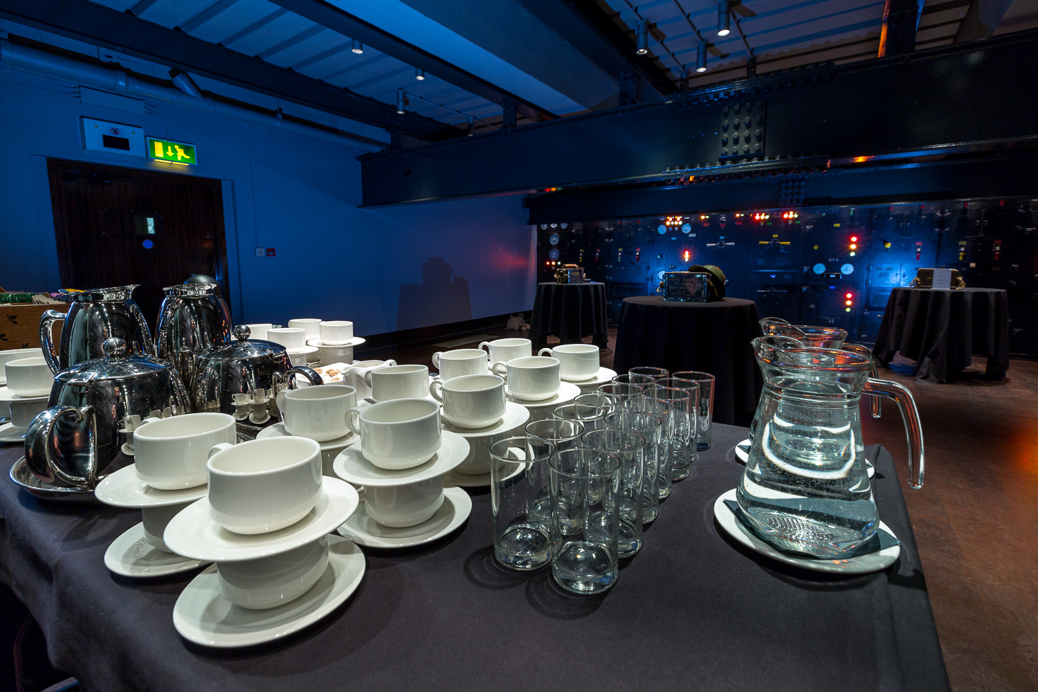Harmsworth Room refreshment station for meetings, featuring polished coffee pots and elegant setup.