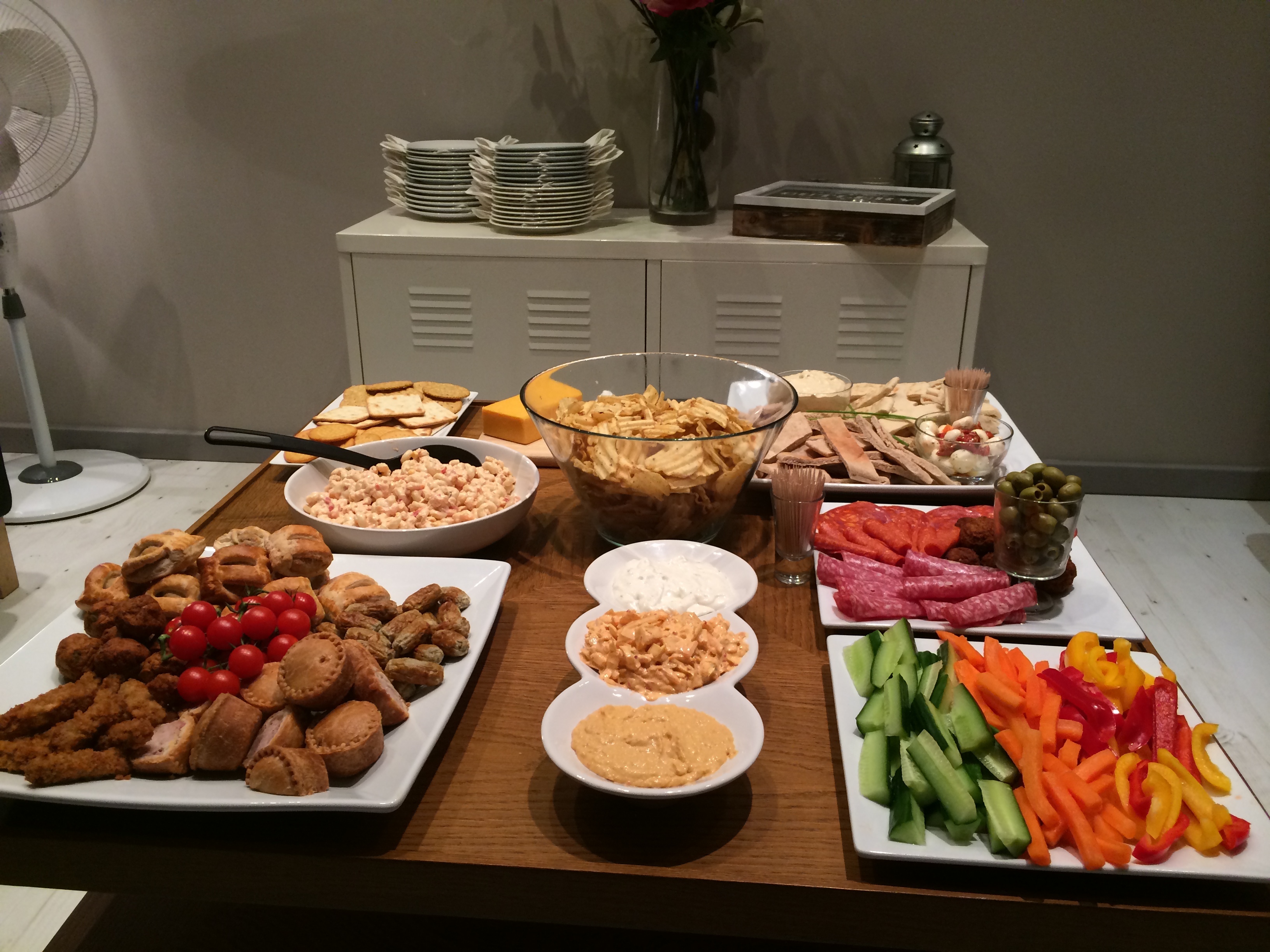 Appetizer spread in Room 1 at !Audacious Conferencing for networking event.