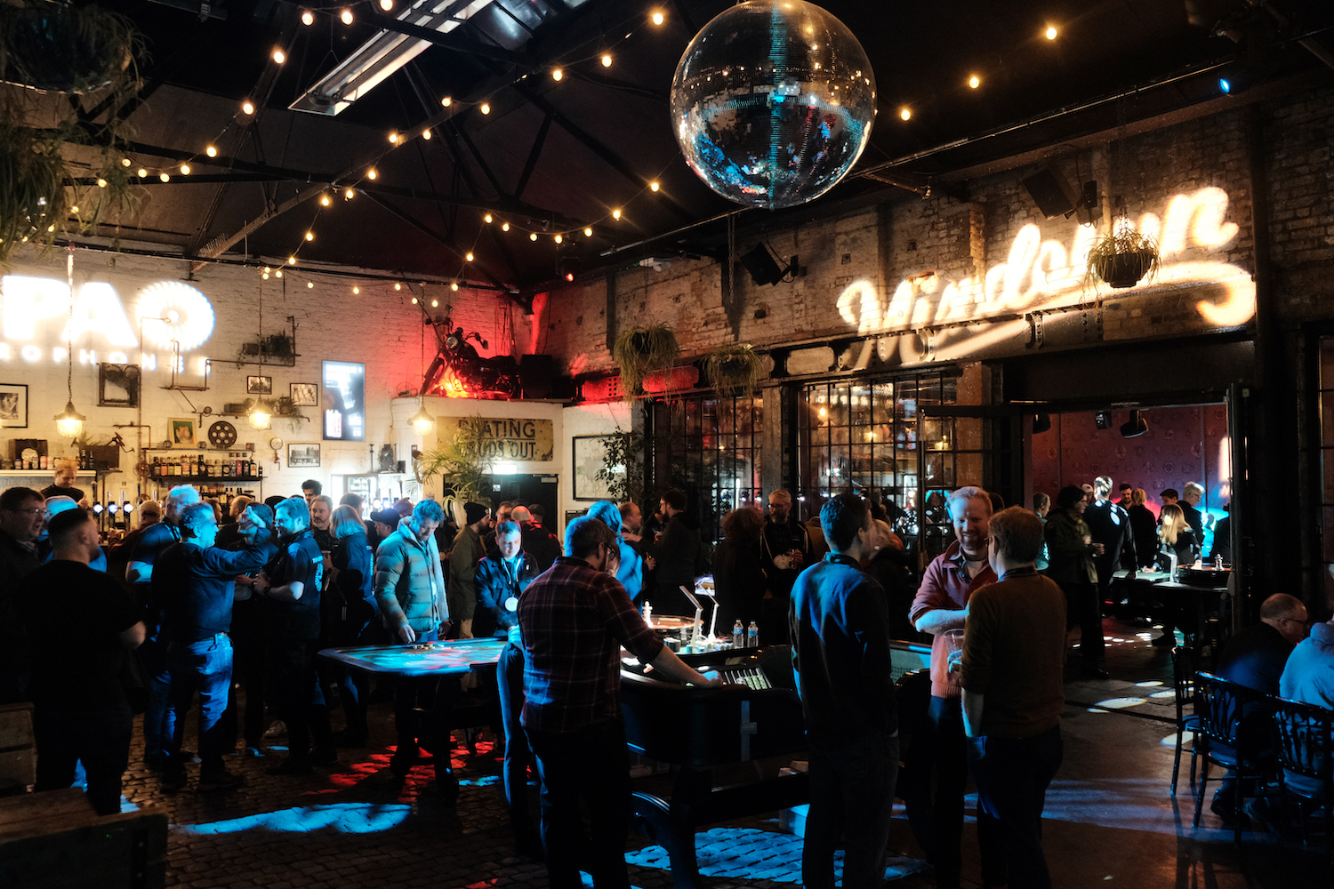 Electrowerkz industrial venue, string lights, networking event