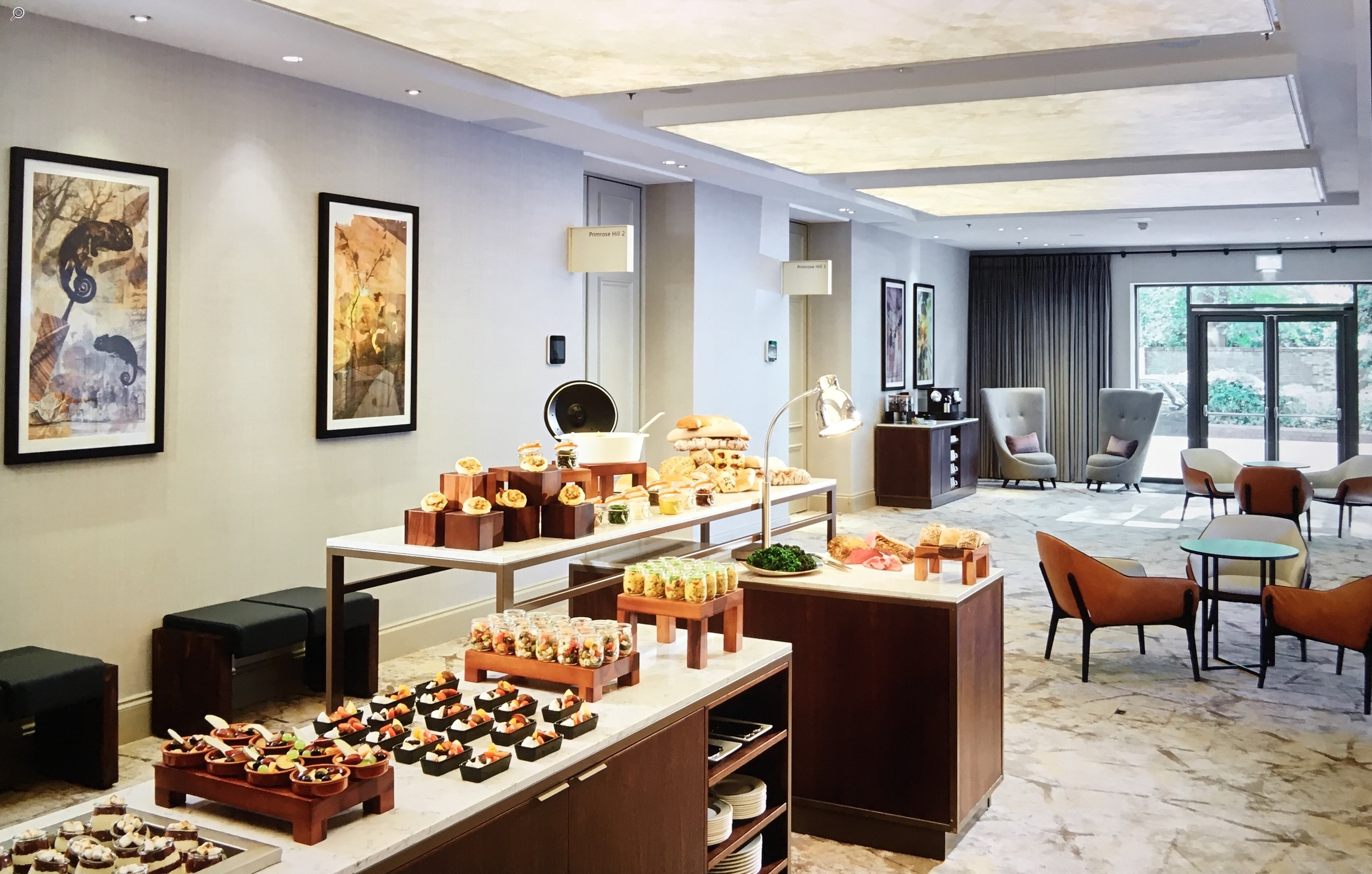 Elegant buffet setup in Primrose Hill event space, ideal for networking and receptions.