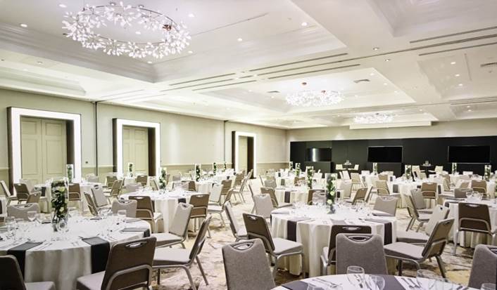 Elegant banquet setup at Primrose Hill, Marriott Regents Park, ideal for weddings and corporate events.