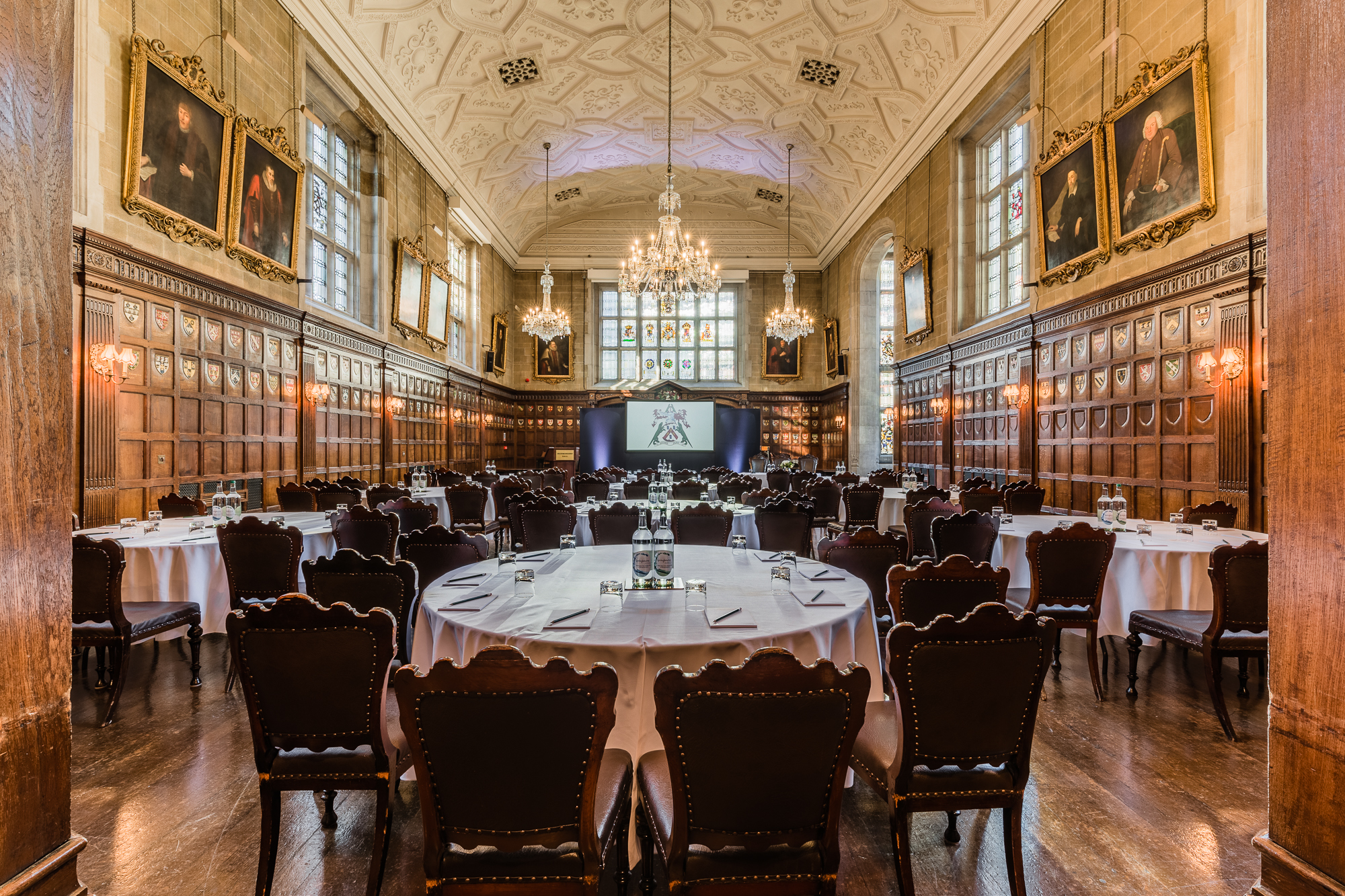 Banqueting Hall at Ironmongers' Hall, elegant corporate event space with chandeliers.