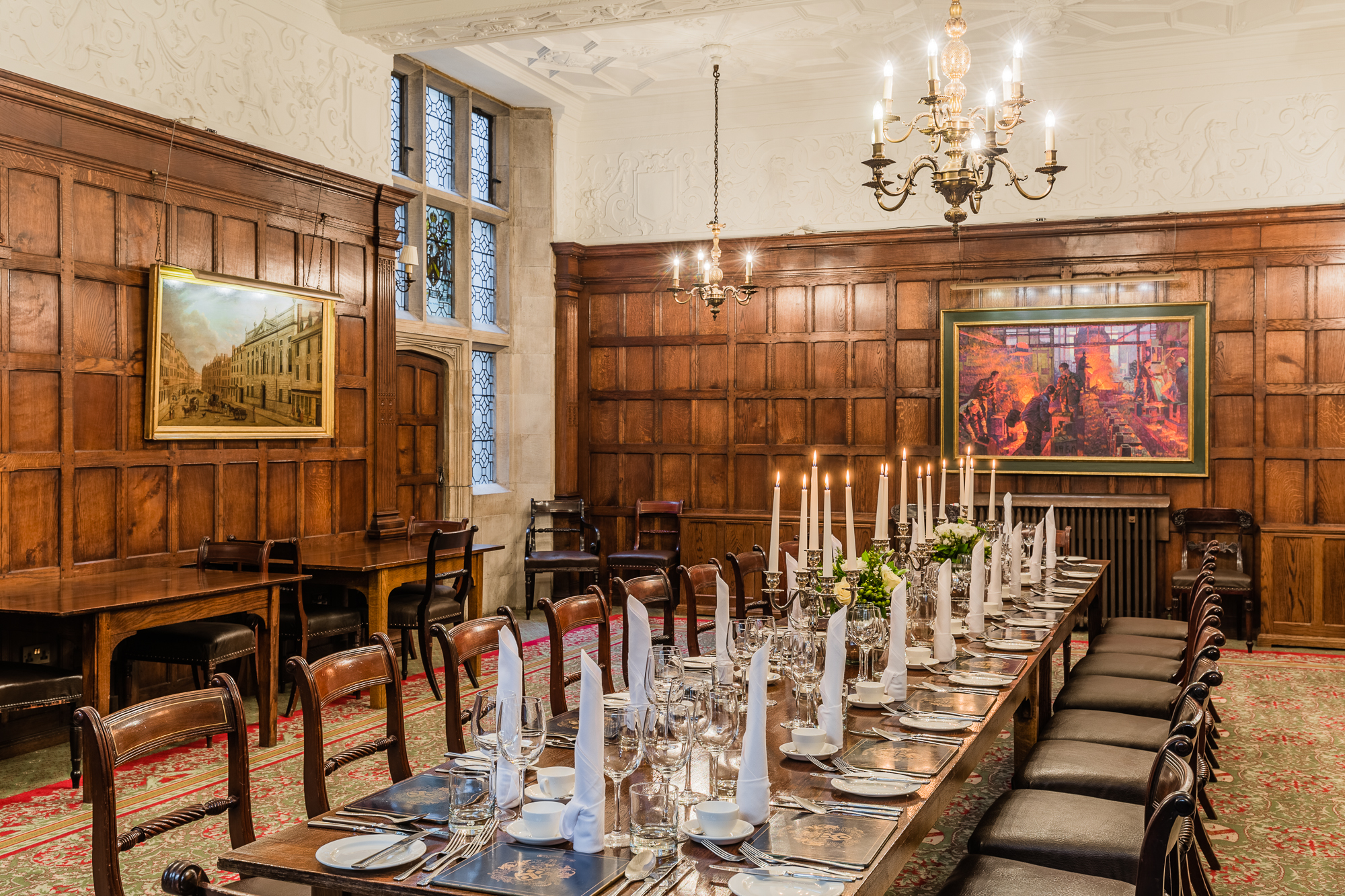 Elegant dining room in Ironmongers' Hall, ideal for formal events and corporate gatherings.