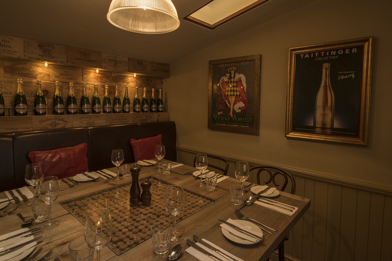 Intimate dining space at Cafe Rouge Leamington Spa, perfect for private events and meetings.