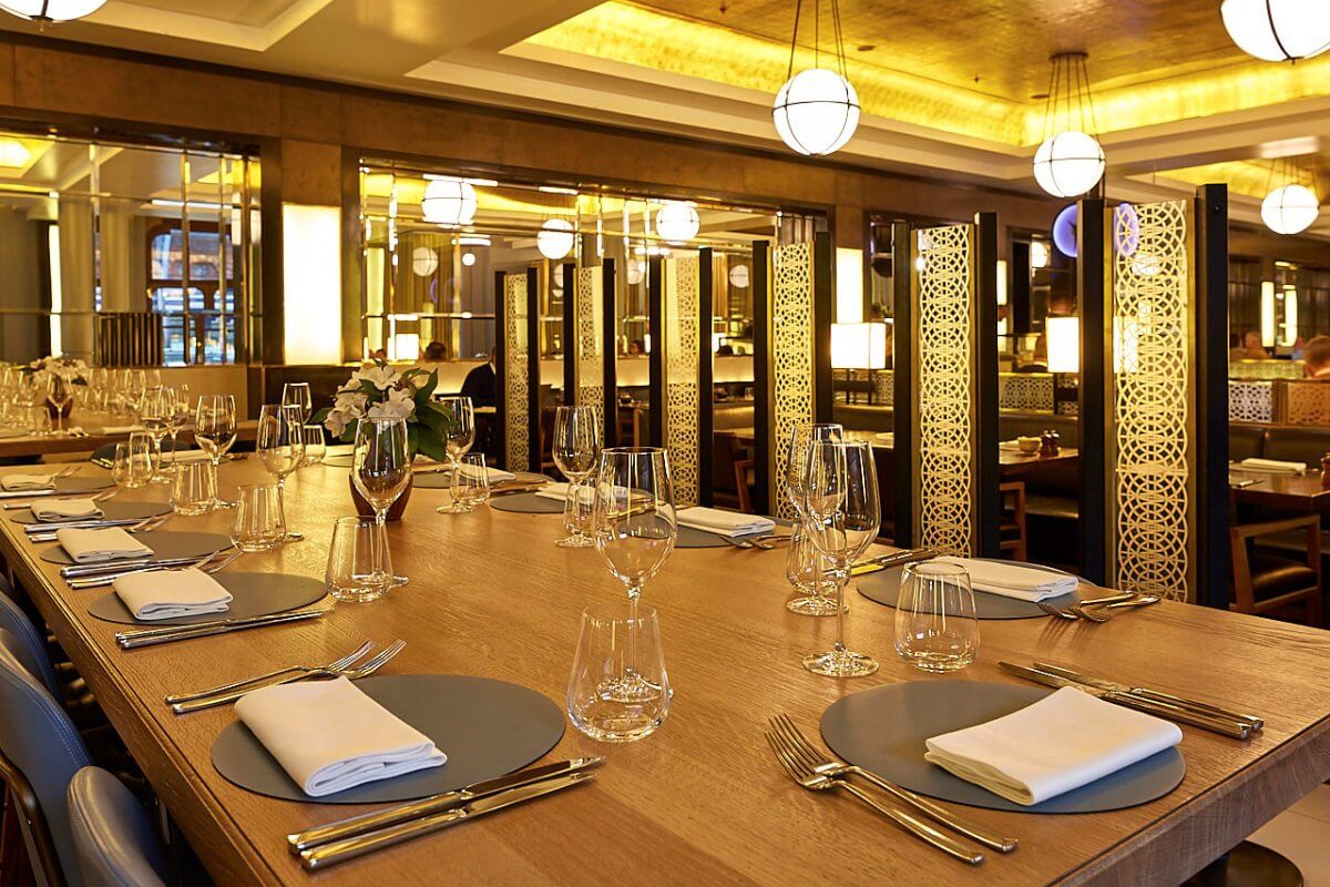 Sophisticated dining setup at St Pancras Brasserie for corporate meetings and private events.