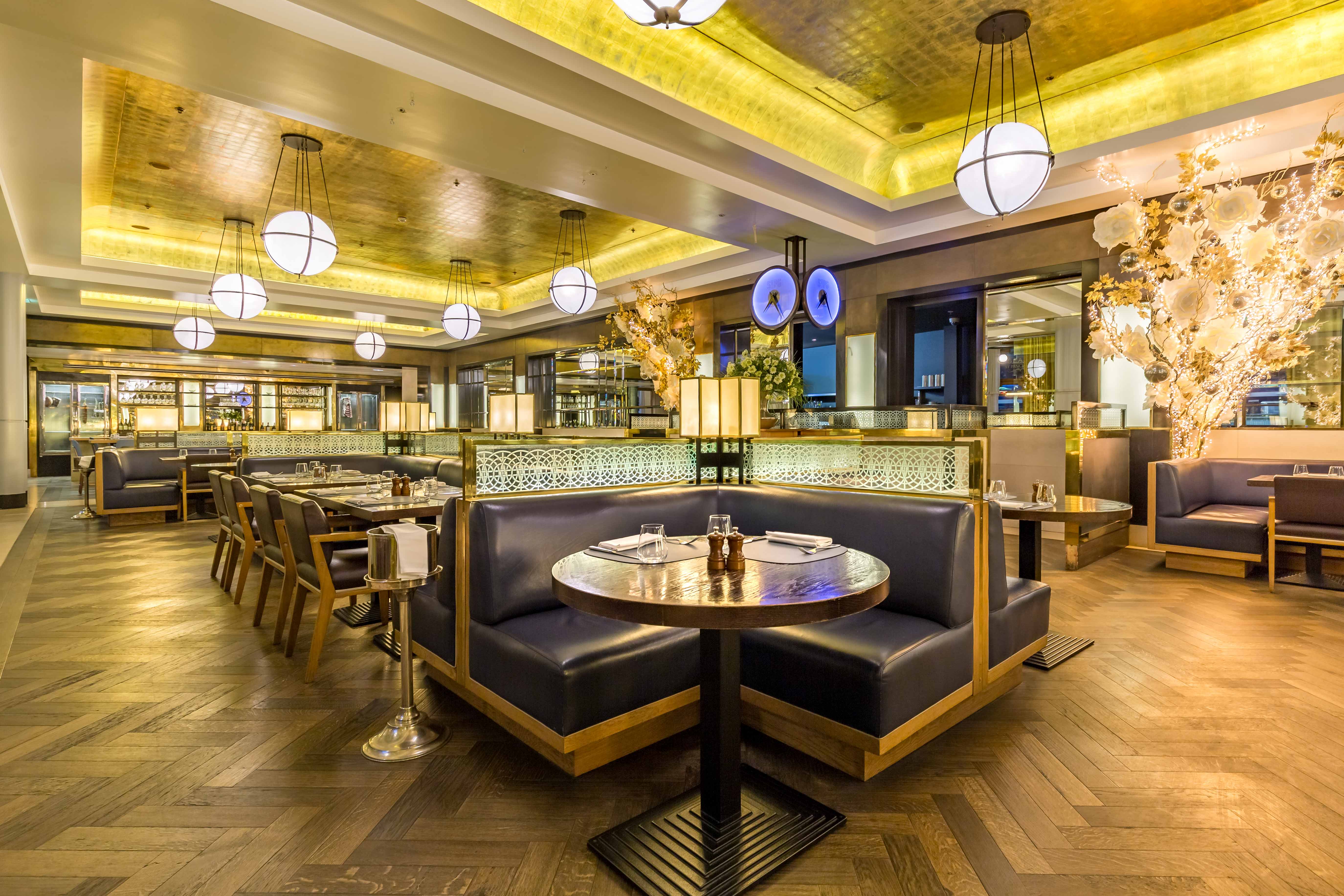Elegant booth seating in St Pancras Brasserie, perfect for corporate dinners and events.