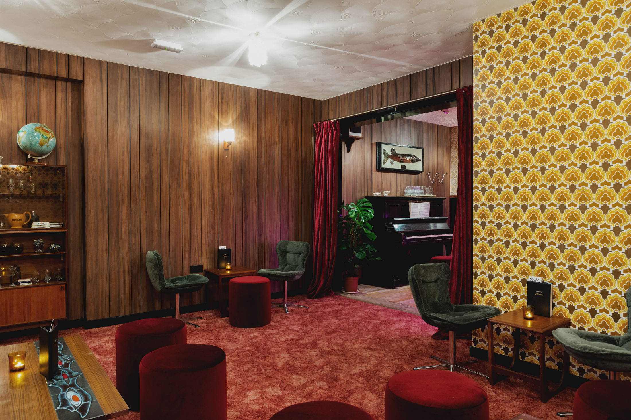 Cozy retro basement bar at Bobby Fitzpatrick, perfect for networking events and gatherings.