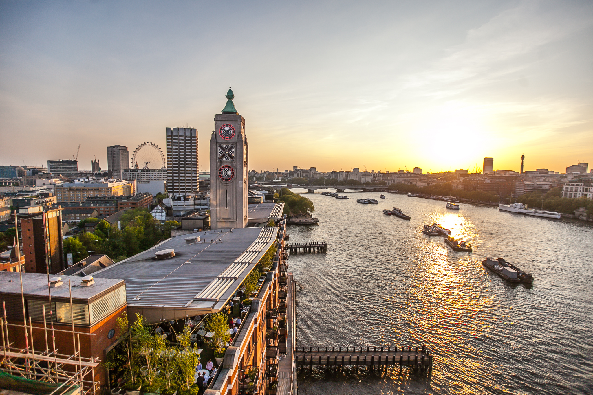 Sunset at Sea Containers Events, riverside venue with iconic clock tower, perfect for receptions.