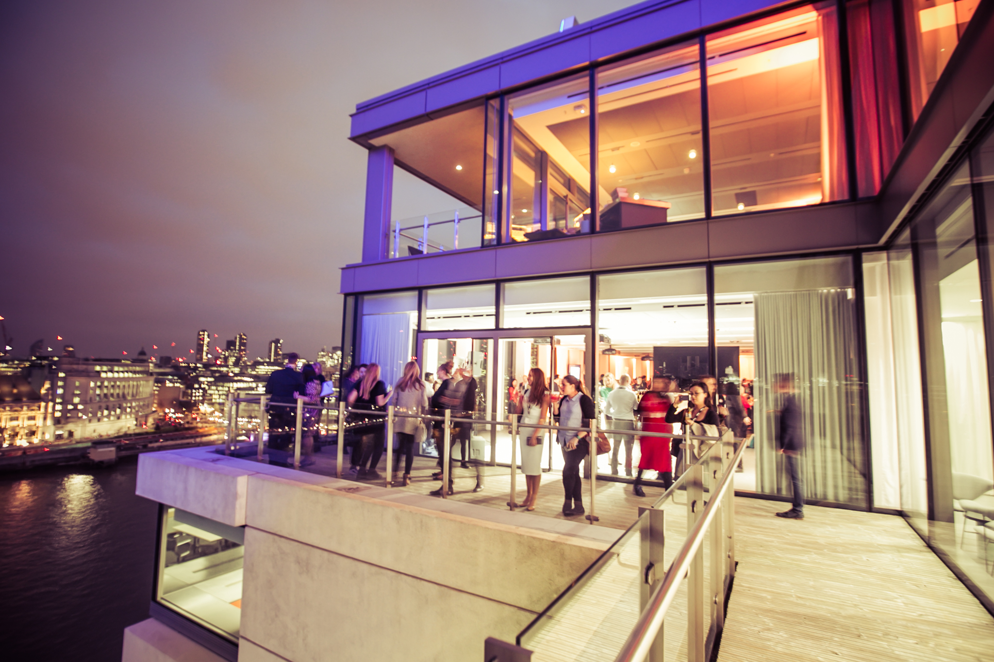 Vibrant rooftop event space at Sea Containers, ideal for cocktail parties and networking.