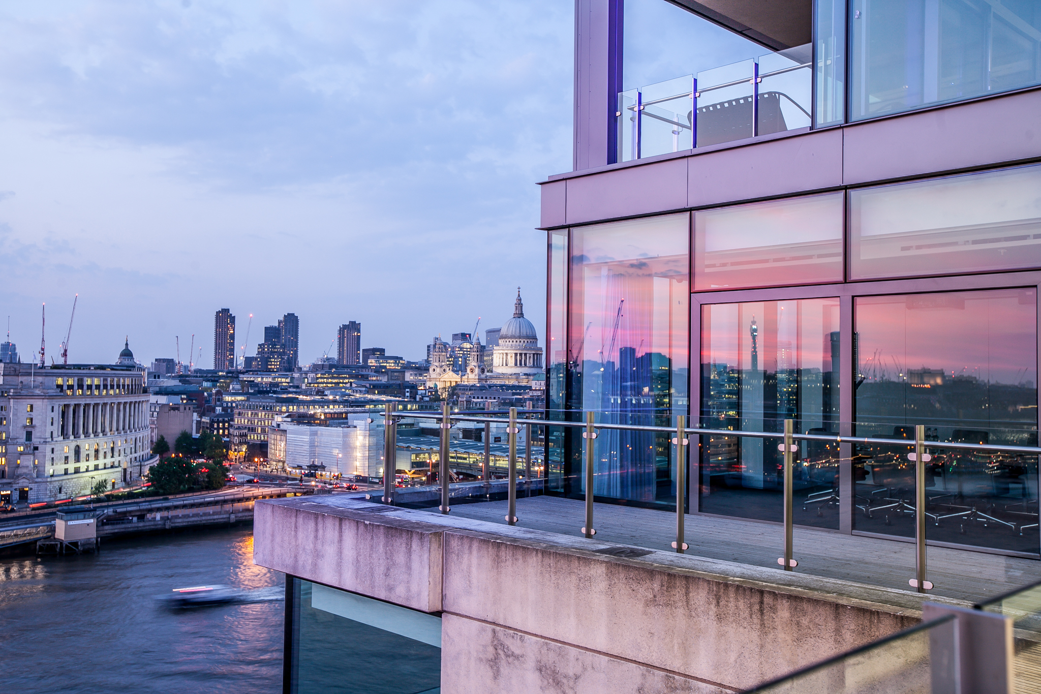 "Level 12 Sea Containers Events with urban skyline view, perfect for gala dinners and receptions."