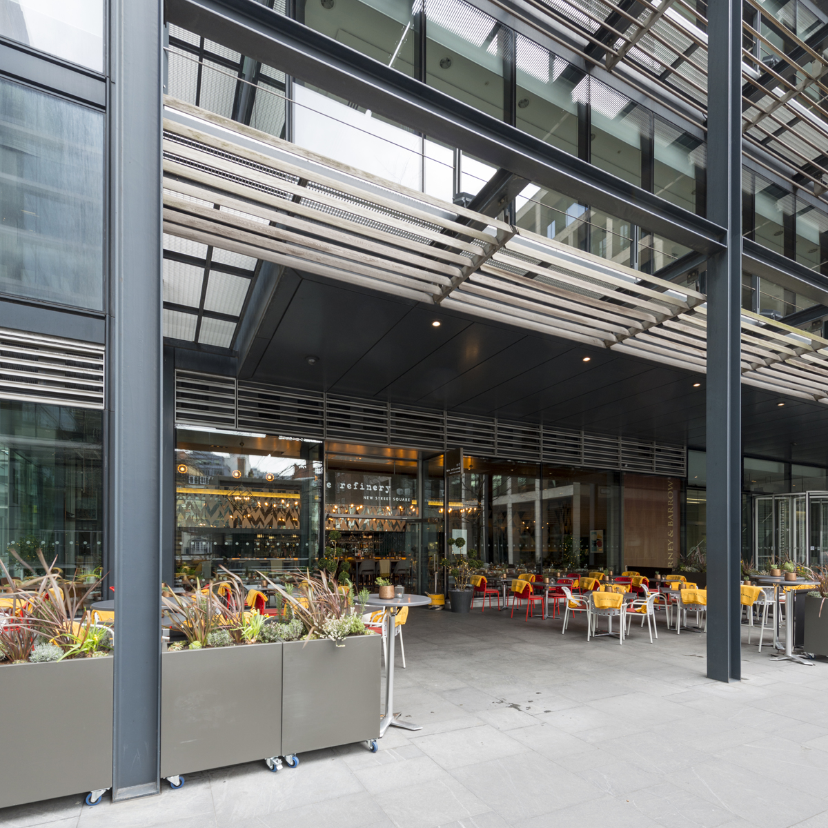 Modern restaurant entrance at The Refinery New Street Square, ideal for events and gatherings.