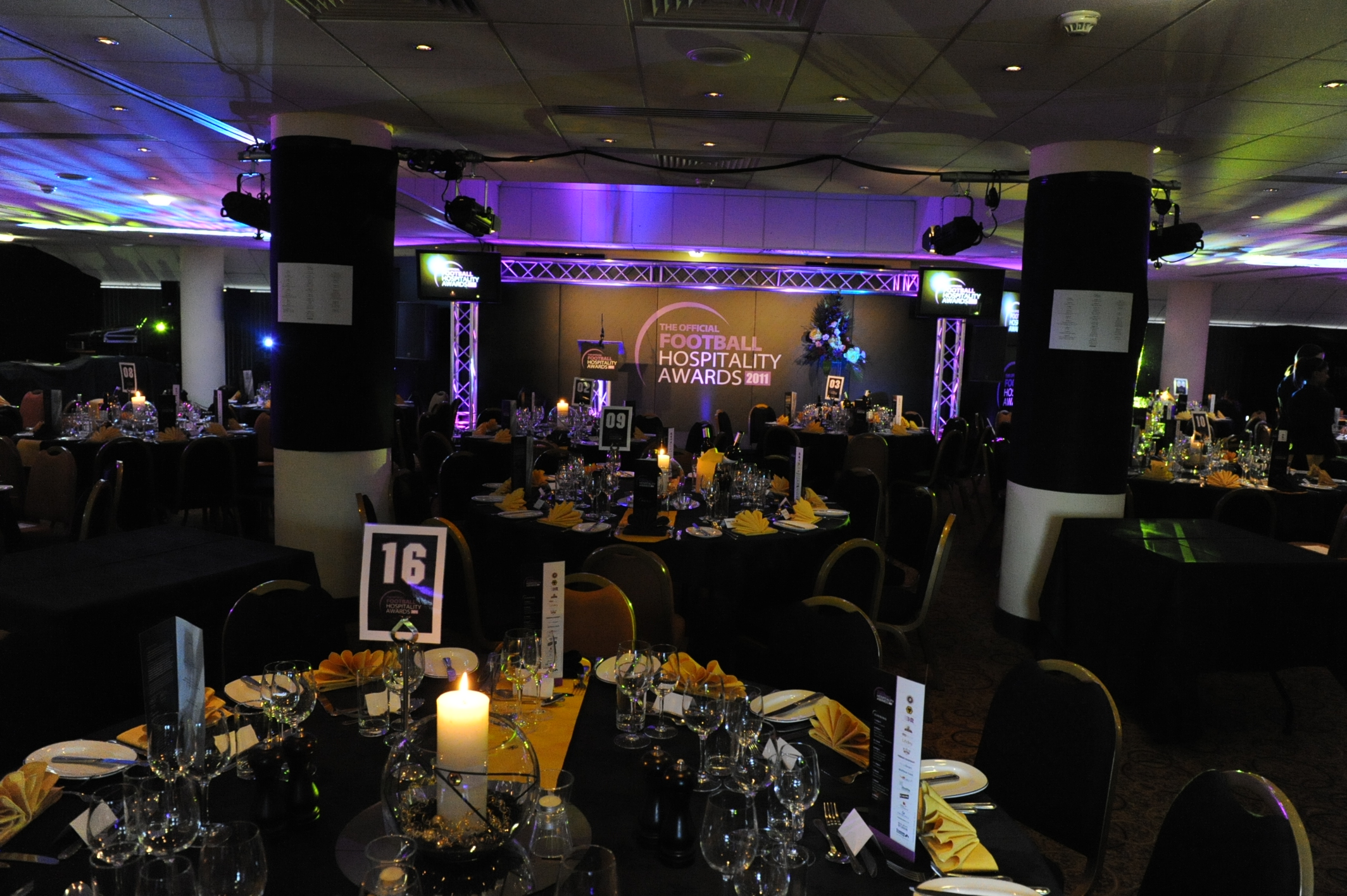 Hayward Suite banquet hall at Molineux Stadium, set for an awards ceremony.
