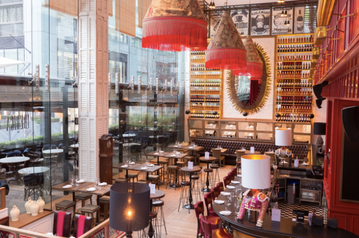 Stylish event space in Iberica Farringdon with vibrant decor and natural light.