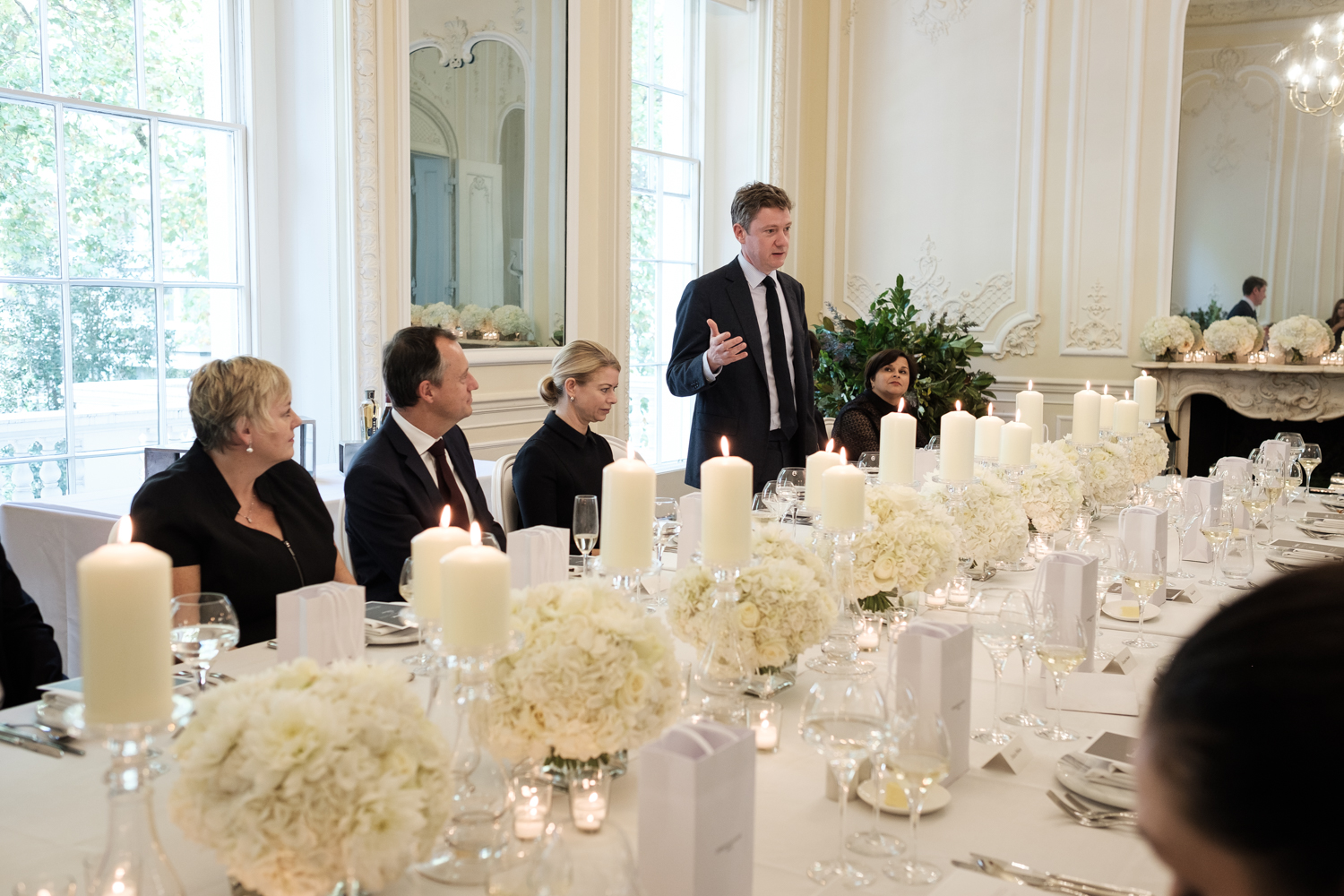 Elegant dining setup in Music Room, Carlton House Terrace for corporate events.