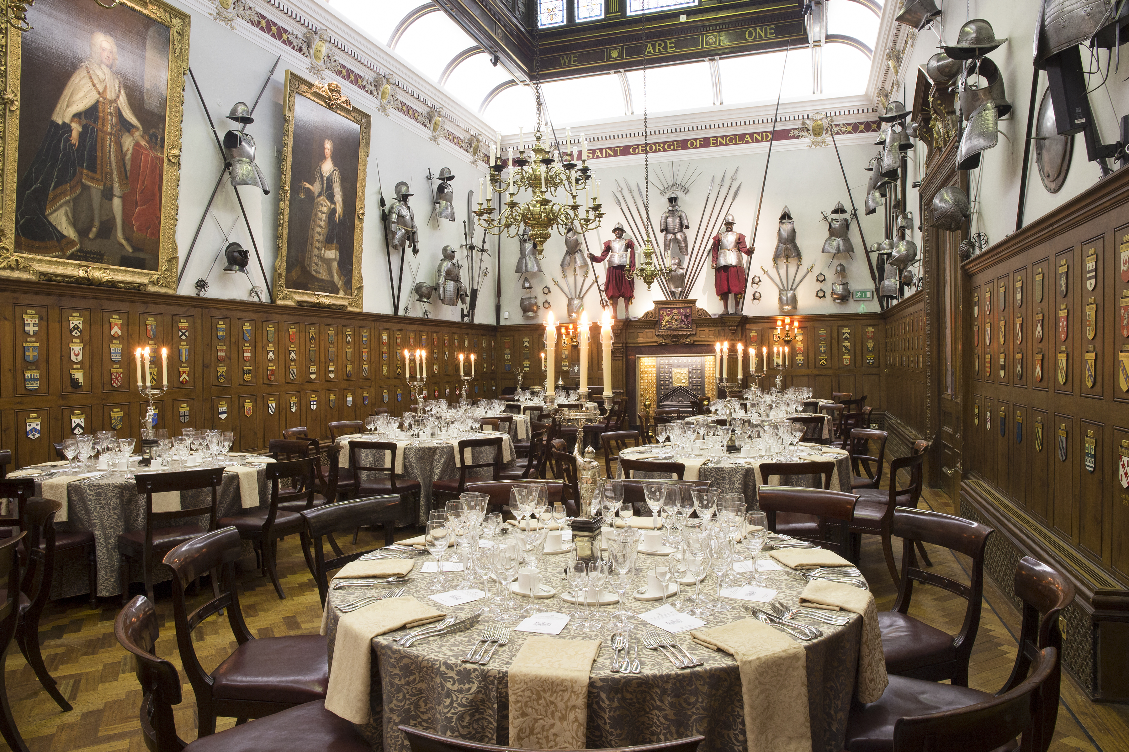 Elegant banquet hall at Armourers' Hall, perfect for gala dinners and corporate events.