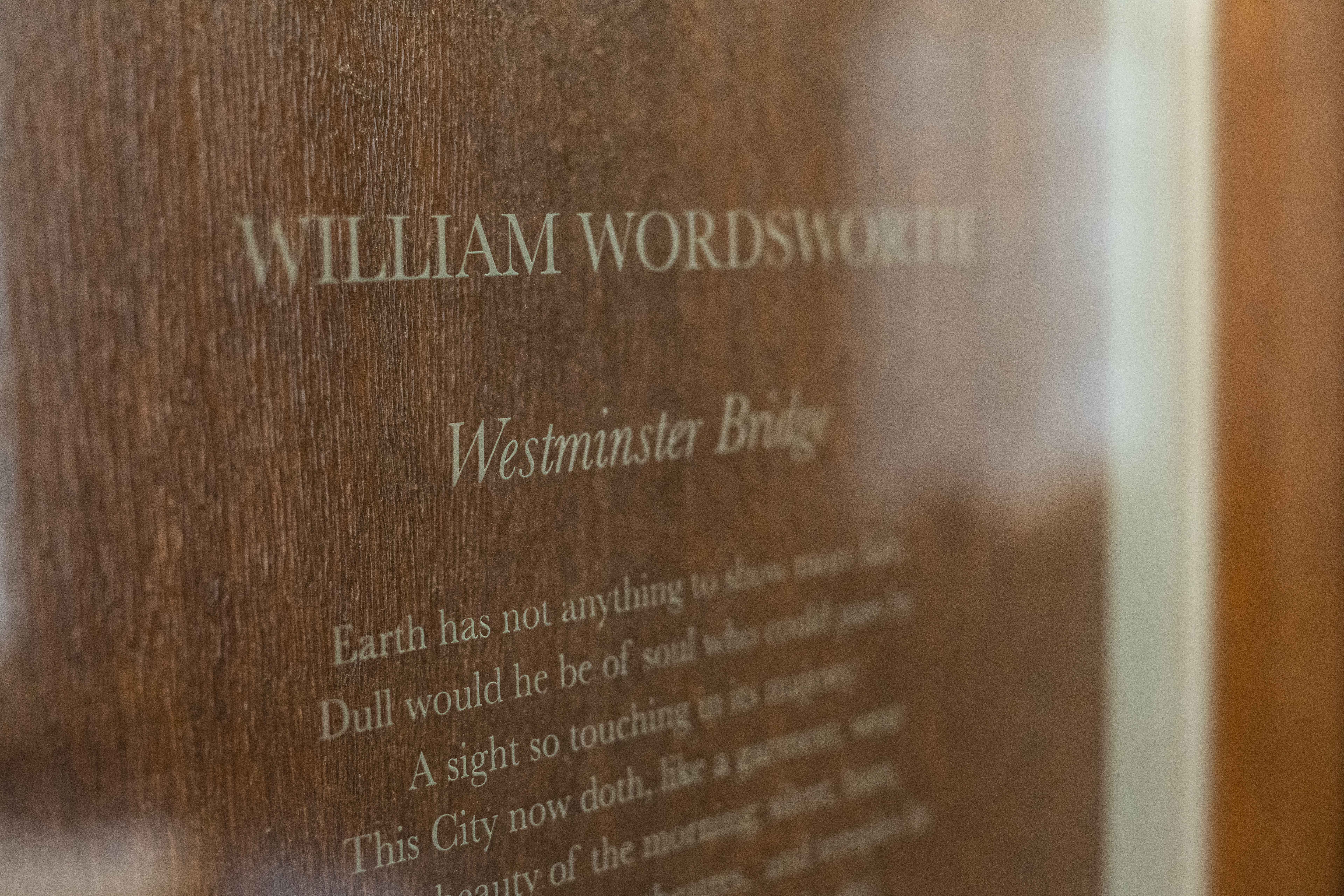 William Wordsworth poem plaque at London Marriott Hotel, elegant literary event decor.