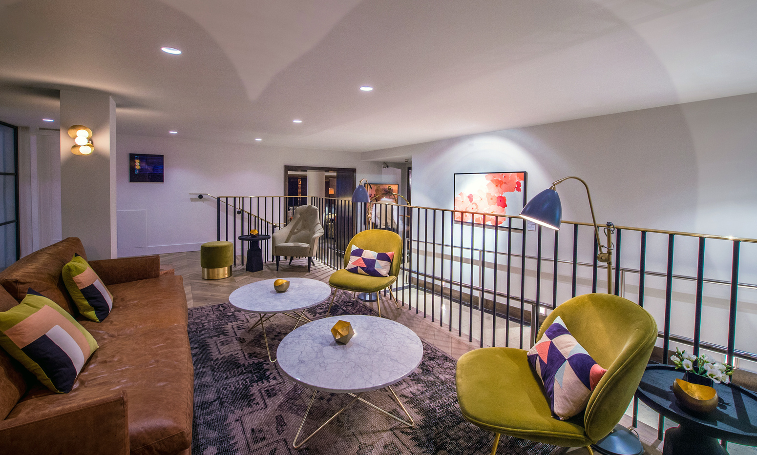 Stylish lounge in The Long Room, ideal for networking and informal meetings.