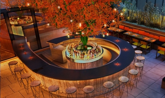 Tree Terrace at SUSHI SAMBA: modern bar with vibrant tree, ideal for upscale networking events.